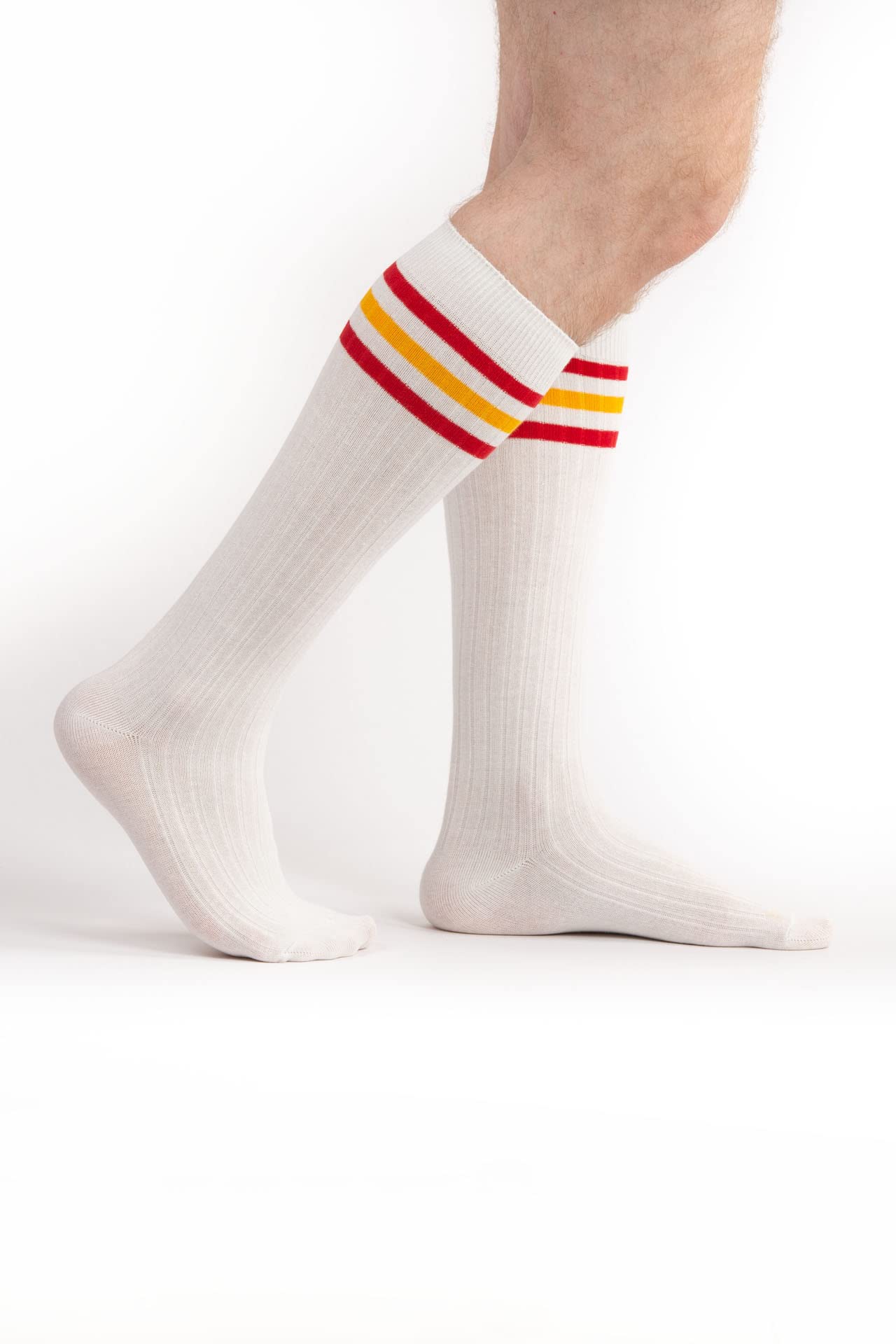 4 Pack Men's Knee High Cotton Striped Dress Socks - Over The Calf Formal Socks for Business & Office (Size 9-11) - Perfect for Work, Dress Shoes & Professional Outfits