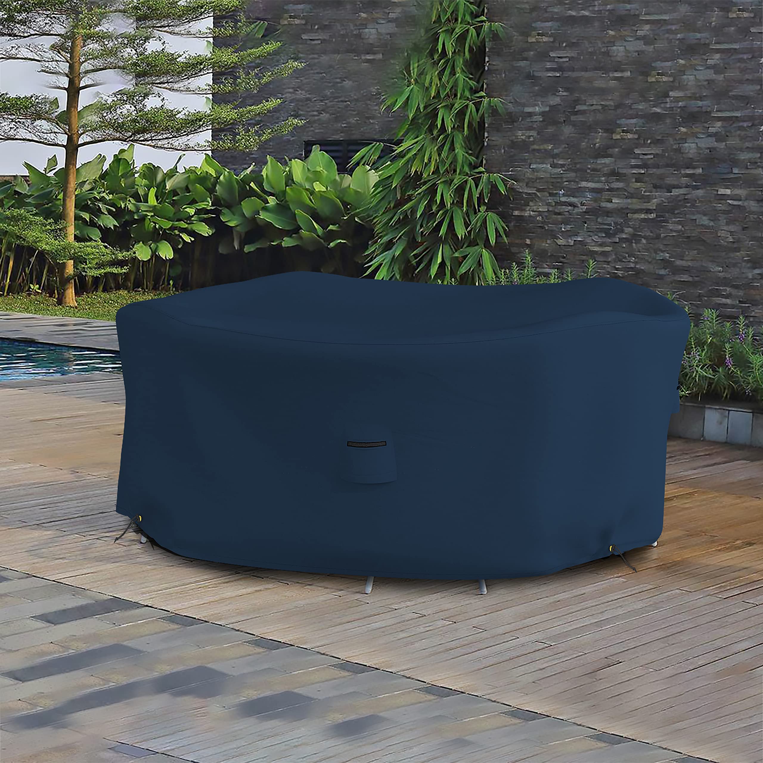 Waterproof UV & Weather Resistant Round Dining Table Cover - 12 Oz Heavy Duty Indoor Outdoor Patio Furniture Protector with Air Vents & Drawstrings (109
