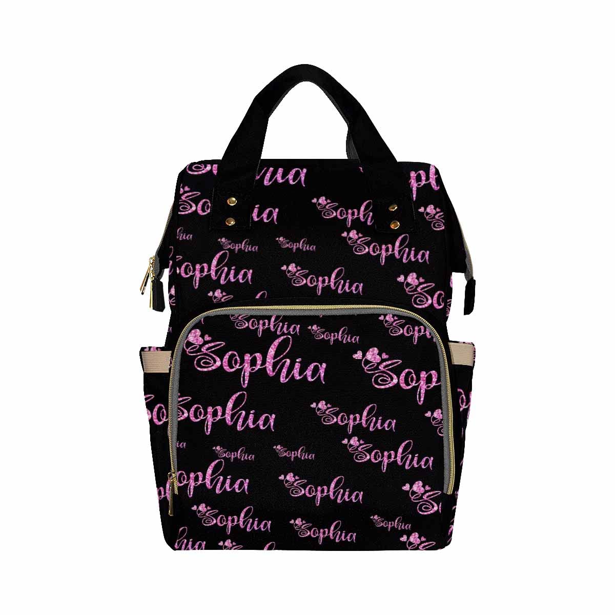 Custom Personalized Diaper Backpack with Name Embroidery - Pink Sparkle Text on Black Baby Nappy Bag for Moms & Dads | Multifunctional Travel Backpack, Daypack & Shoulder Bag for Parenting, Outings & Family Trips