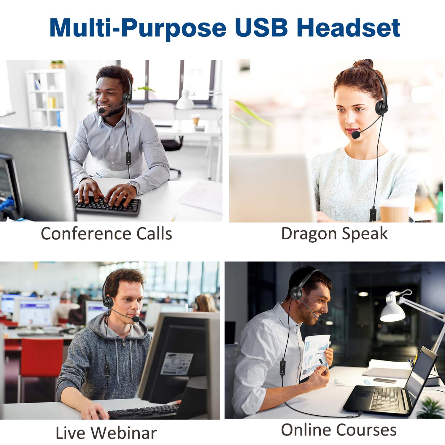 Noise Cancelling USB Headset with Microphone - Stereo PC Headphones for Business Calls, Skype, Zoom, Call Centers | Clear Audio, Lightweight & Comfortable Design | Perfect for Remote Work, Online Meetings & Office Use