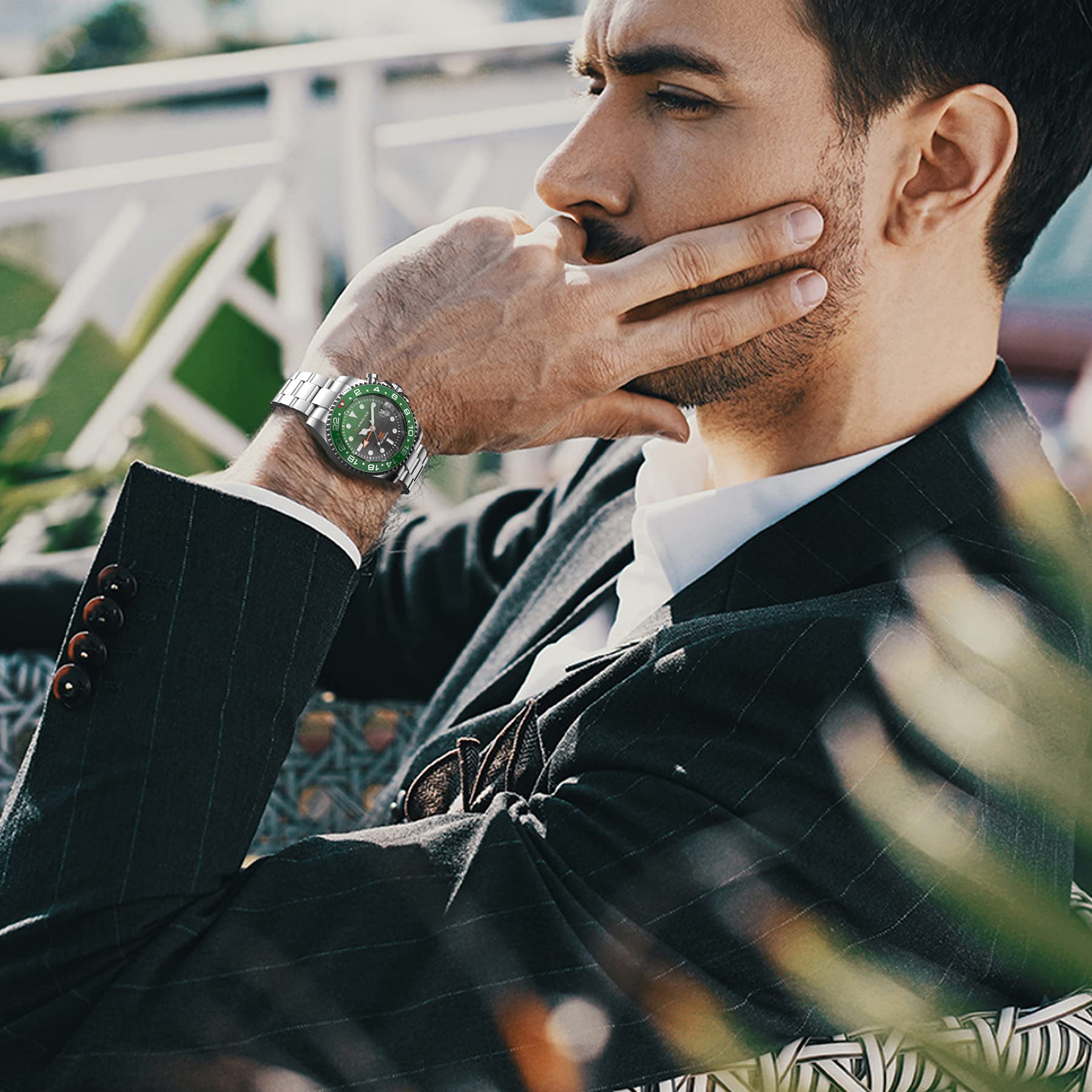 T-ENGINE GMT Men's Waterproof Watch - 10 ATM, Dual Time, Automatic Charging, Stainless Steel 43mm Quartz Watch for Business Travel & Outdoor Adventures