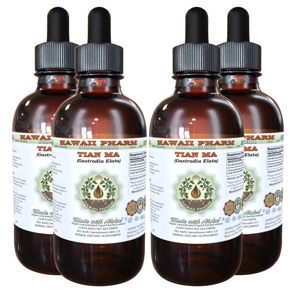 Alcohol-Free Tian Ma (Gastrodia Elata) Liquid Extract - Natural Herbal Supplement by Hawaii Pharm USA - 4 fl.oz (4-Pack) - Supports Nervous System & Headache Relief - Perfect for Stress Management & Natural Wellness