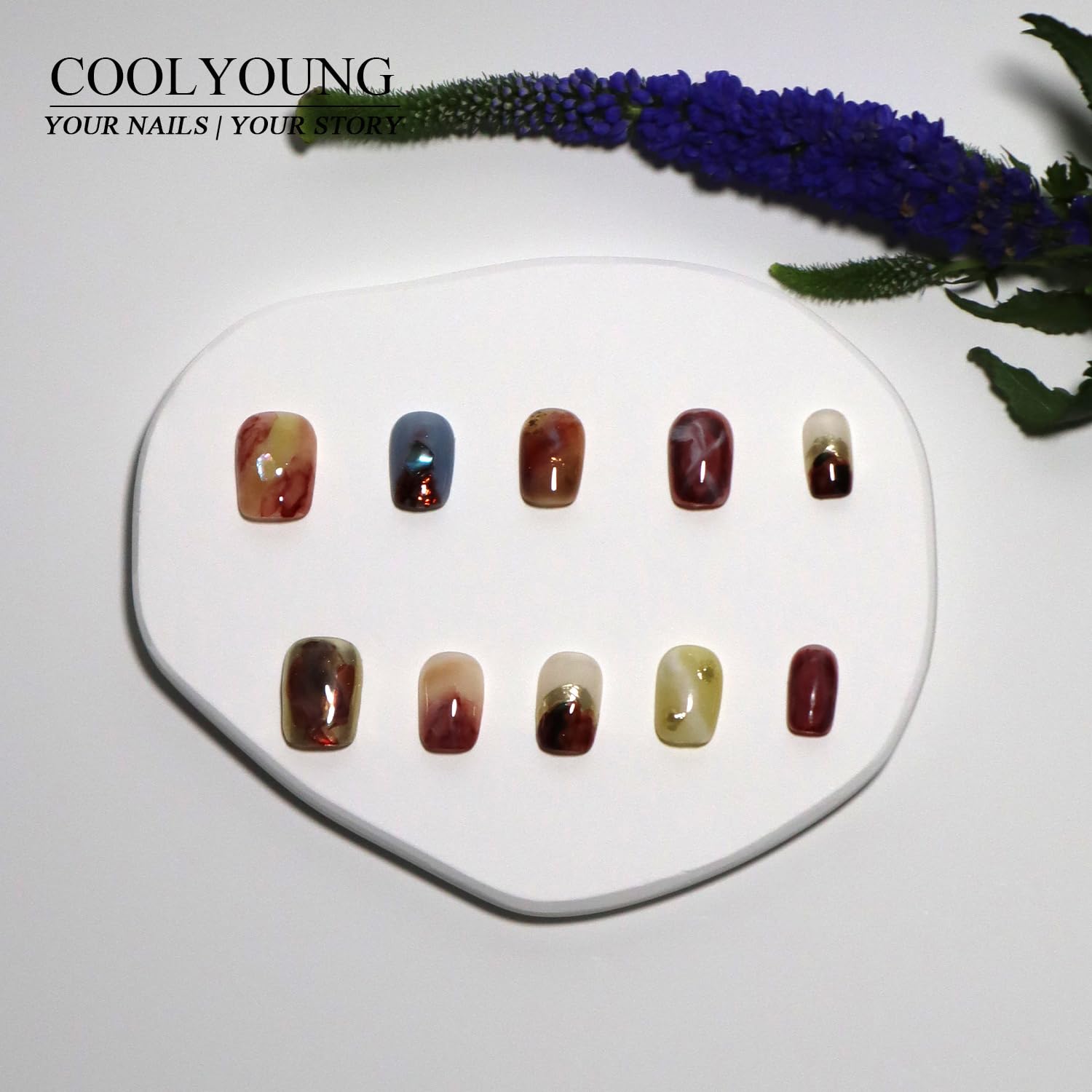 COOLYOUNG Short Square Press on Nails for Women - 10PCS Handmade Fake Nails with 48 Nail Glue Stickers, Storage Pouch & Gift Box | Perfect for Daily Wear, Parties, Weddings and Special Occasions