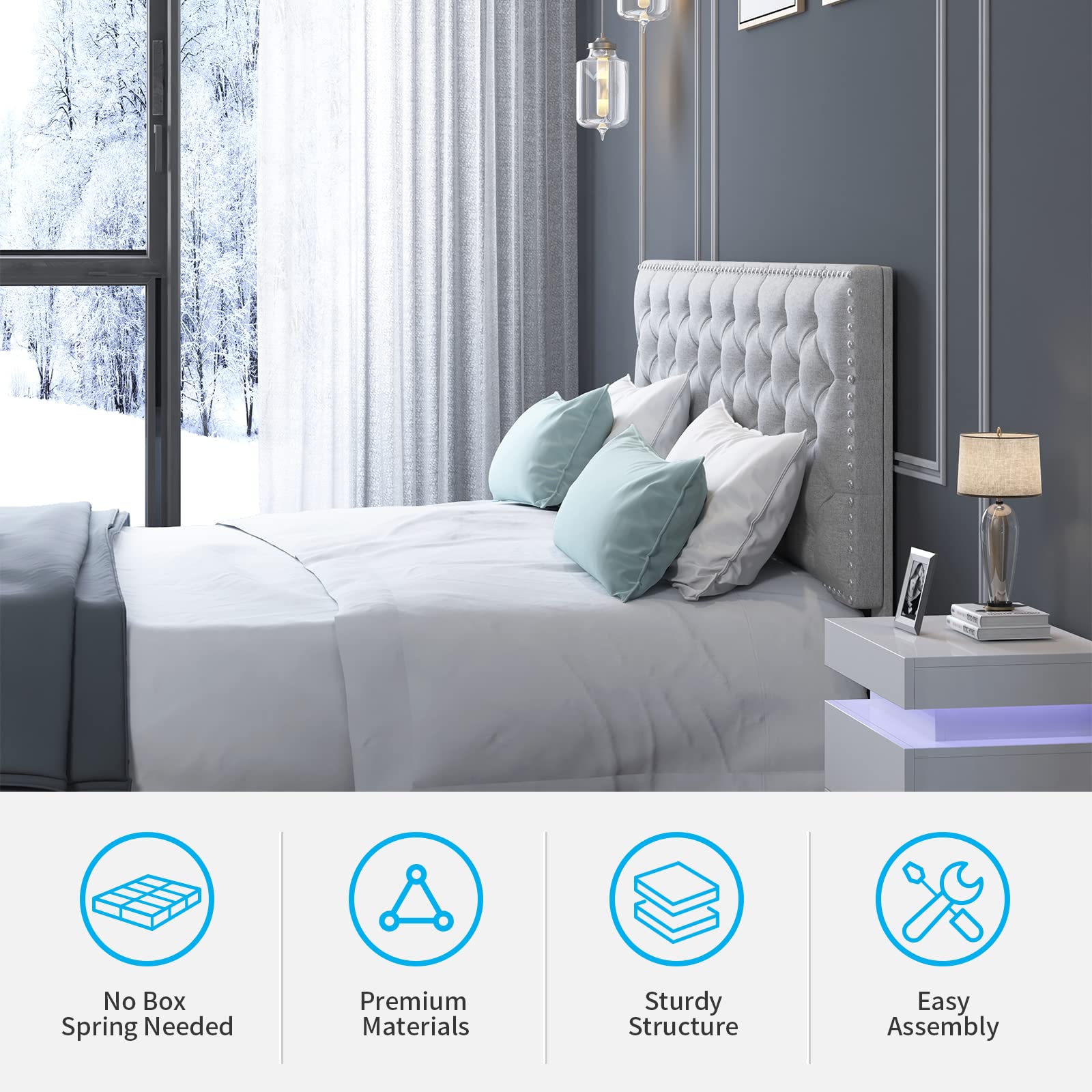 MJkone King Size Bed Frame with Adjustable Headboard - Upholstered Platform Bed with Wooden Slats, No Box Spring Required, Tufted Mattress Foundation for Bedroom (Light Grey) - Perfect for Master Bedrooms, Guest Rooms & Modern Home Decor