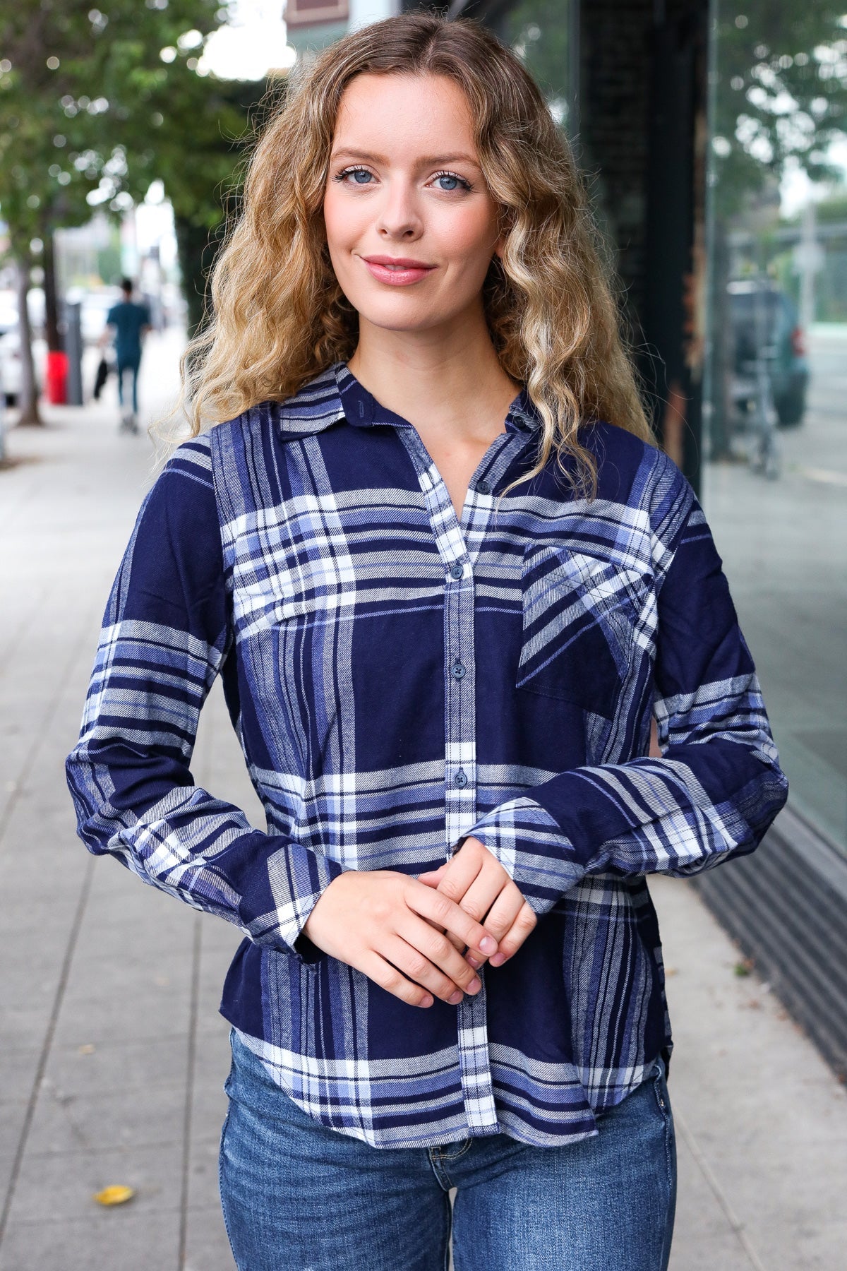 Stylish Blue Plaid Button Down Shirt for Women - Casual Long Sleeve Blouse - Perfect for Office, Date Night & Fall Outfits
