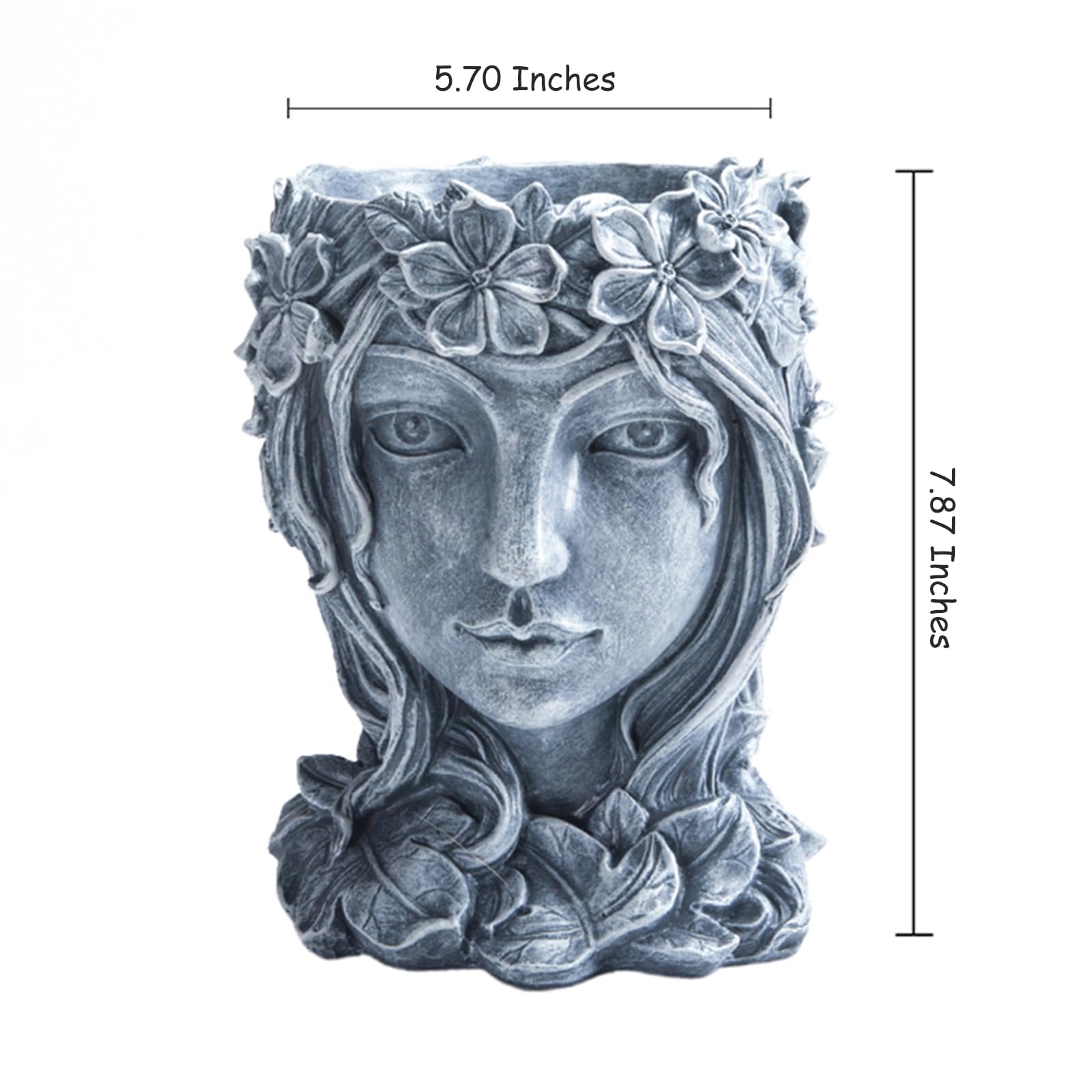 Decorative Gray Resin Face Planter with Drainage Hole - 5.7''W x 7.87''H Sculpted Goddess Flower Pot for Indoor & Outdoor Plants - Perfect for Succulents, Herbs, and Home Garden Decor