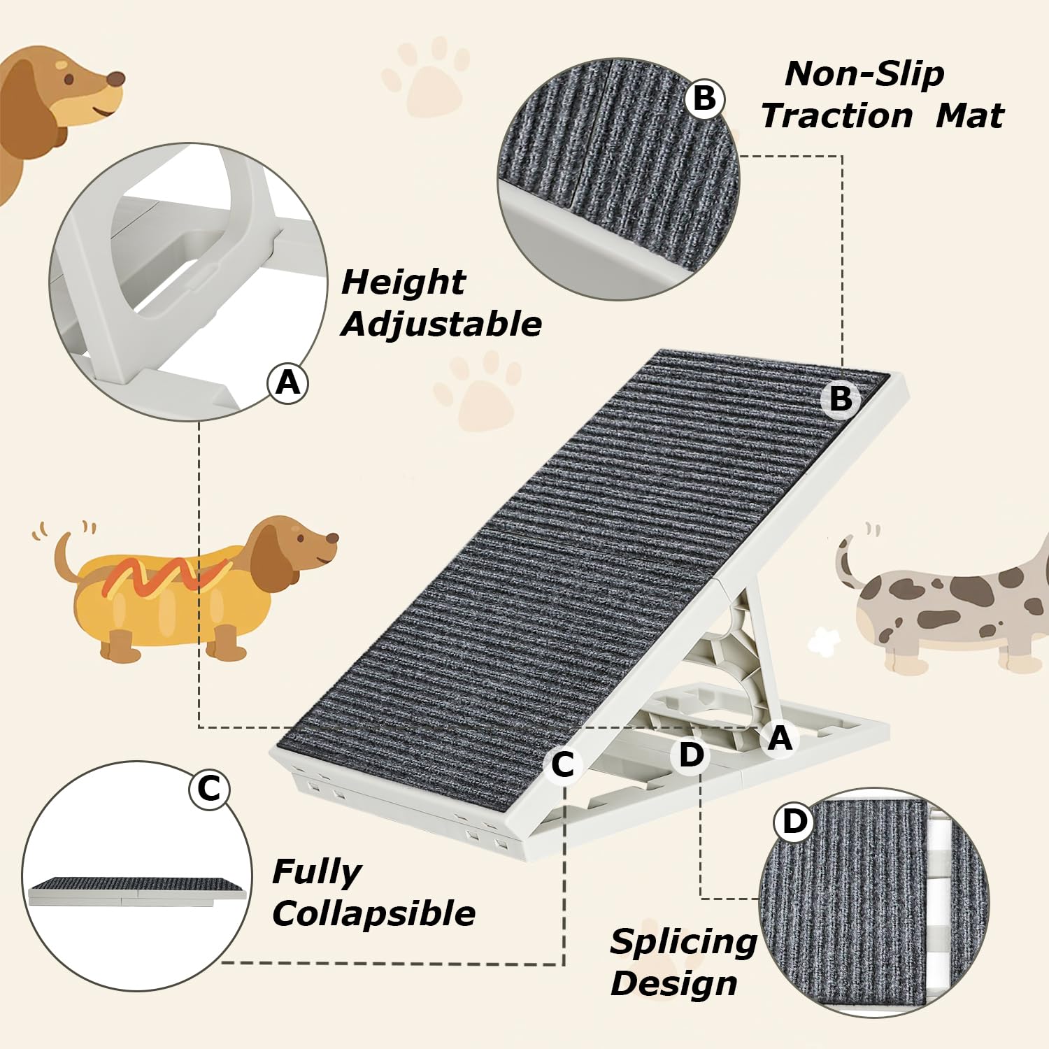 **Pawzone Adjustable Dog Ramp for Small Pets - Folding Collapsible Cat Ramp with Non-Slip Carpet - Portable Indoor Pet Ramp for Sofa, Chair, Bed - Perfect for Elderly or Injured Pets**