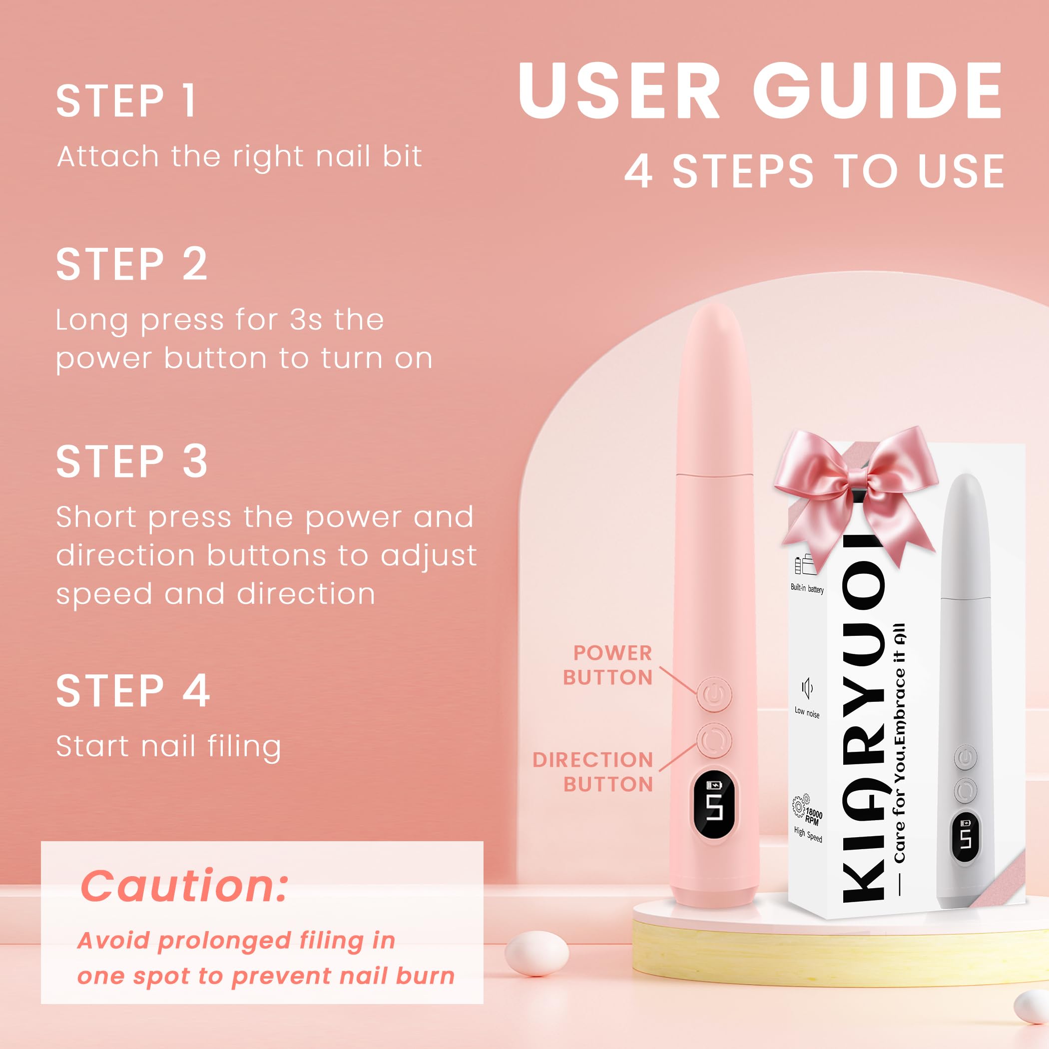 Professional Cordless Electric Nail Drill Kit - Rechargeable Portable Nail File with 5 Speed Modes, LED Light & Reversible Rotation for Home Salon, Manicure Pedicure & DIY Nail Care (Pink)