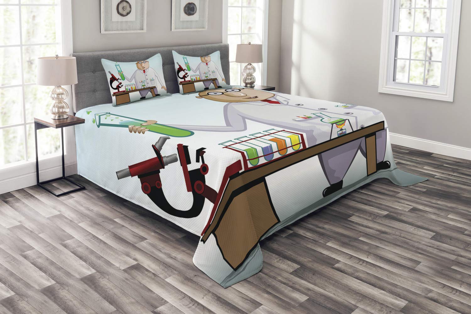 Ambesonne Science Lab Bedspread Set - 3 Piece King Size Bedding with Test Tubes, Flask & Microscope Design - Chemistry Themed Decorative Coverlet & 2 Pillow Shams - Perfect for Science Lovers, Teachers & Nerdy Home Decor