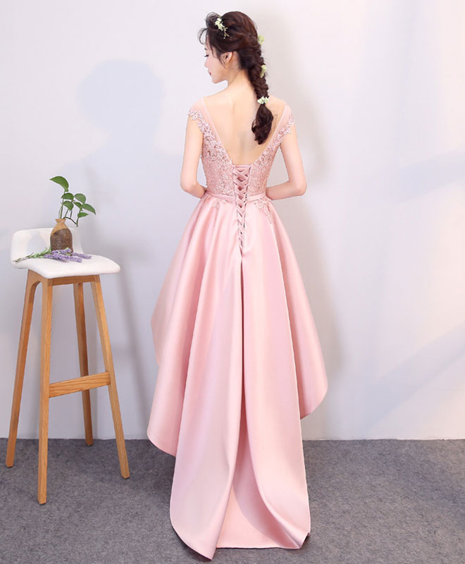 Elegant Pink High-Low Lace Prom Dress with Flowy Skirt | Formal Bridesmaid Gown for Weddings & Special Occasions | Perfect for Homecoming, Quinceañera & Evening Parties