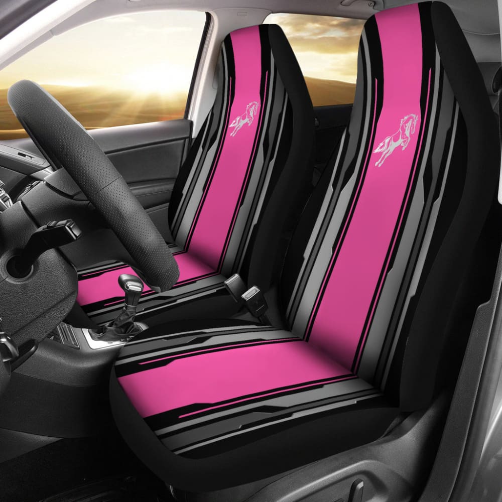 Premium Silver Pink Horse Mustang Custom Metallic Print Car Seat Covers - Universal Fit for Ford Mustang 2005-2023 - Soft Neoprene Material for Comfort & Style - Perfect for Car Enthusiasts, Gifts & Custom Rides