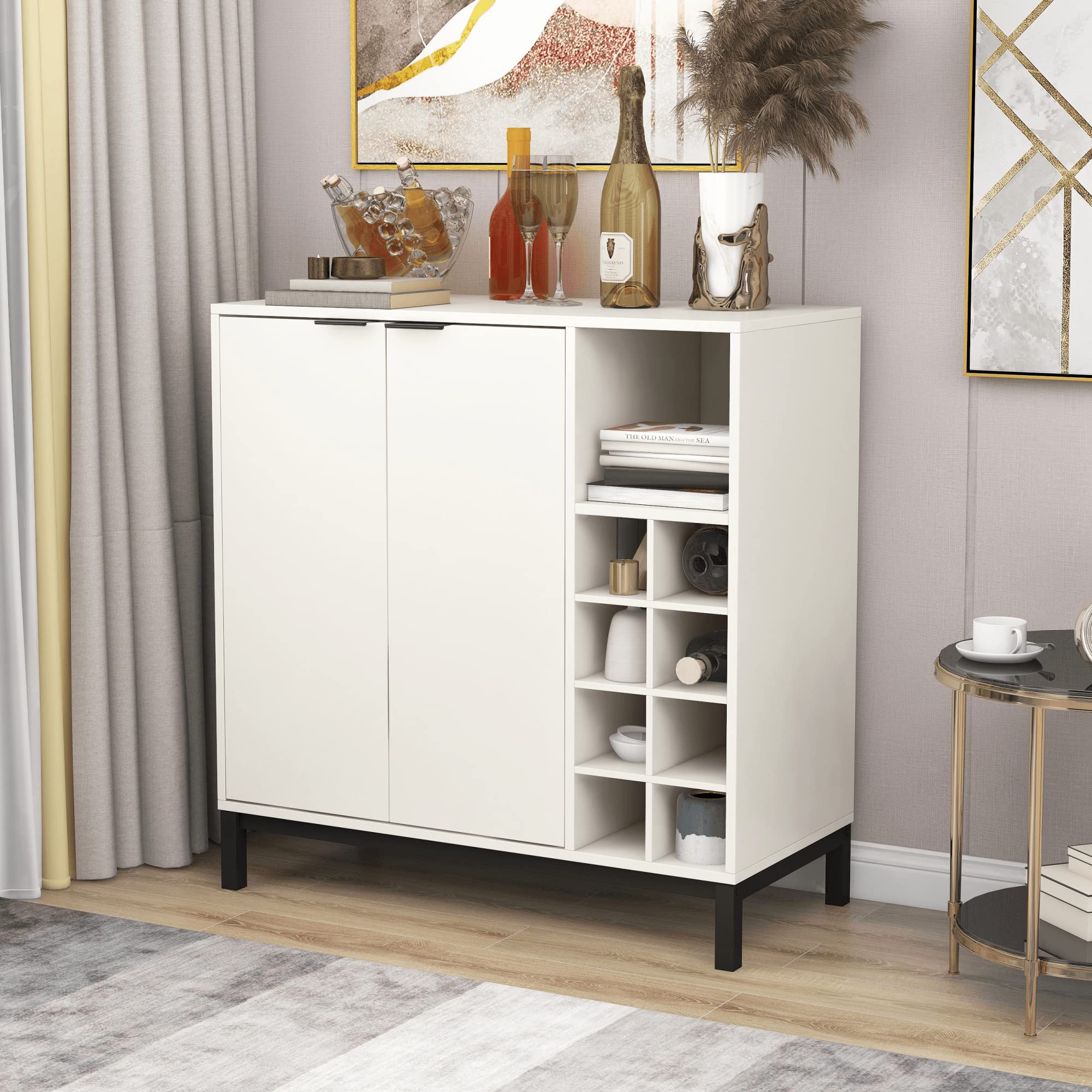 HQNFURX 34 Inch Console Table - Kitchen Buffet Sideboard with Wine Racks & Storage Doors | Entryway Serving Cabinet, Dining Room Storage Solution | Perfect for Small Spaces, Home Decor & Entertaining Guests