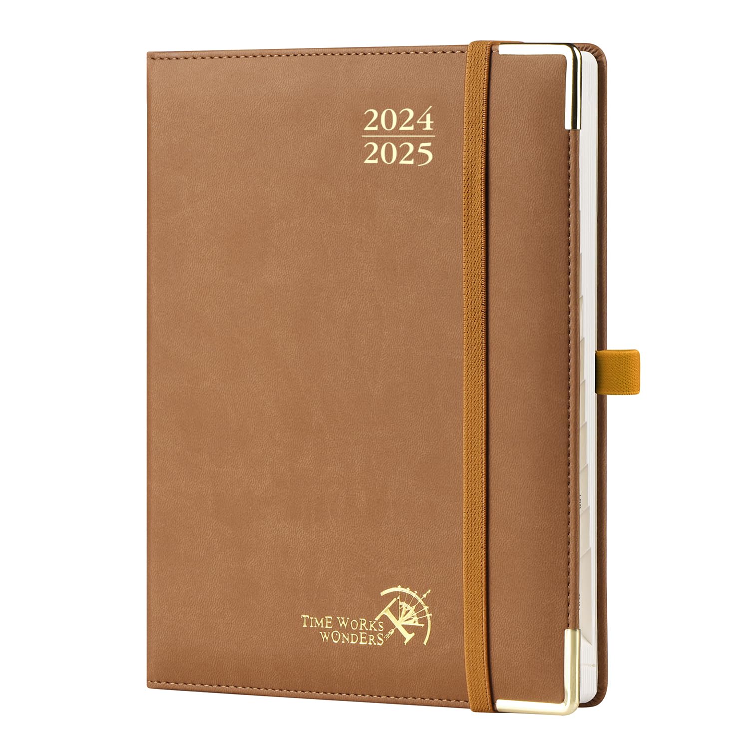 POPRUN 2025 Weekly Planner - August 2024 to December 2025, 17-Month Premium Academic Planner with PU Leather Cover, Monthly Tabs, 100 g/m² Certified Paper (Brown, 8.7