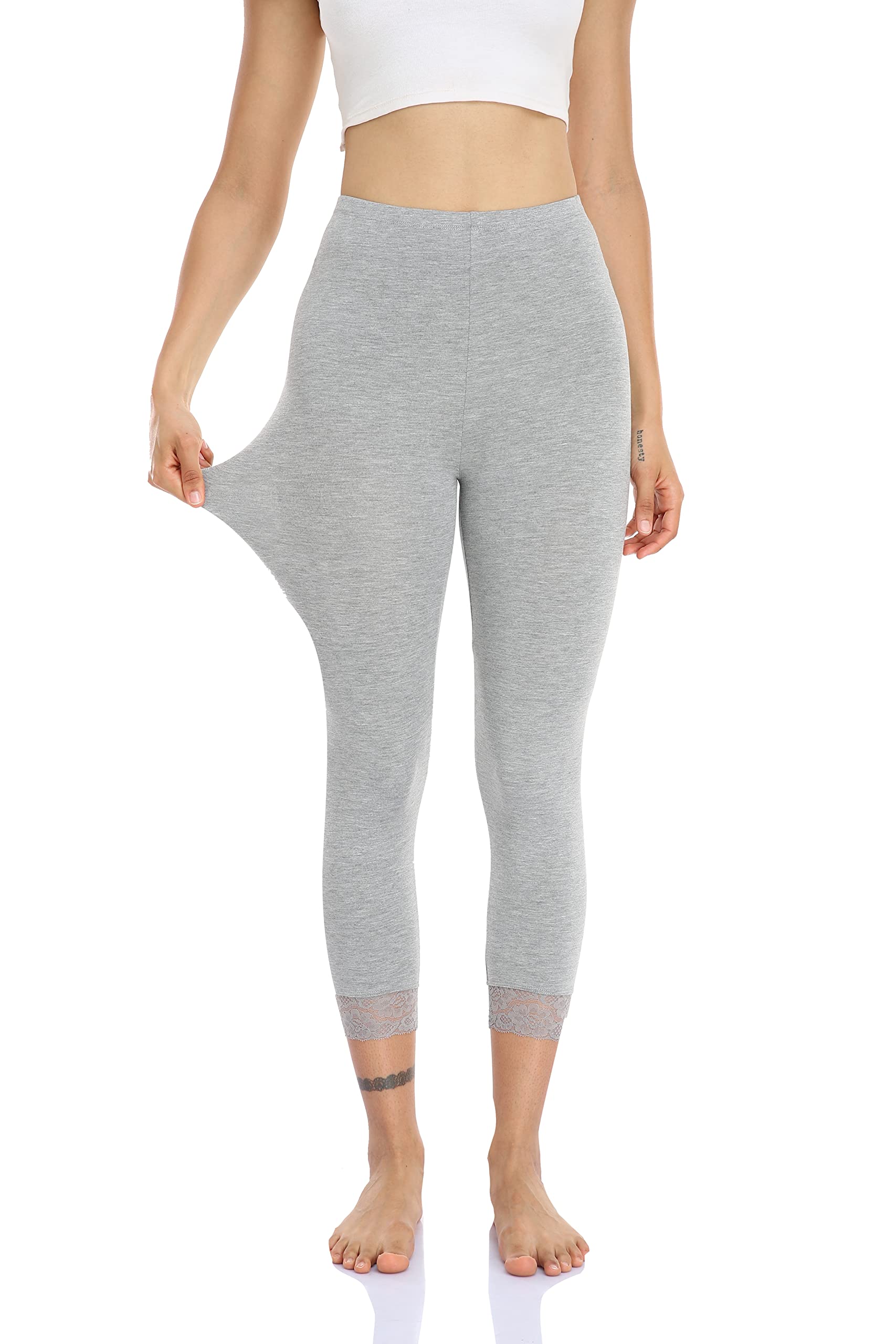 Women's High Waist Lace Trim 3/4 Length Capri Yoga Leggings - Stretchy Lightweight Cropped Tights for Workout, Lounge & Casual Wear