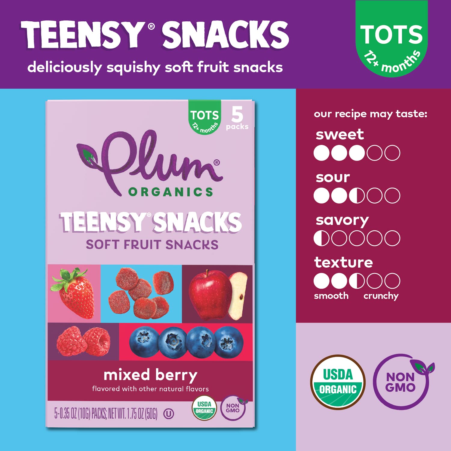 Organic Plum Teensy Snacks Soft Fruit Snacks - Mixed Berry Flavor - 5 Count (Pack of 8) - Healthy Toddler & Kids Snacks for School, Travel & On-the-Go