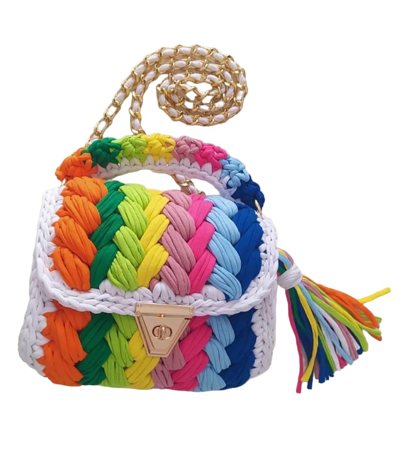 Handmade Crochet Rainbow Shoulder Bag - Colorful Mini Purse with White Edging for Women | Boho Chic Accessory for Beach, Festival & Everyday Use