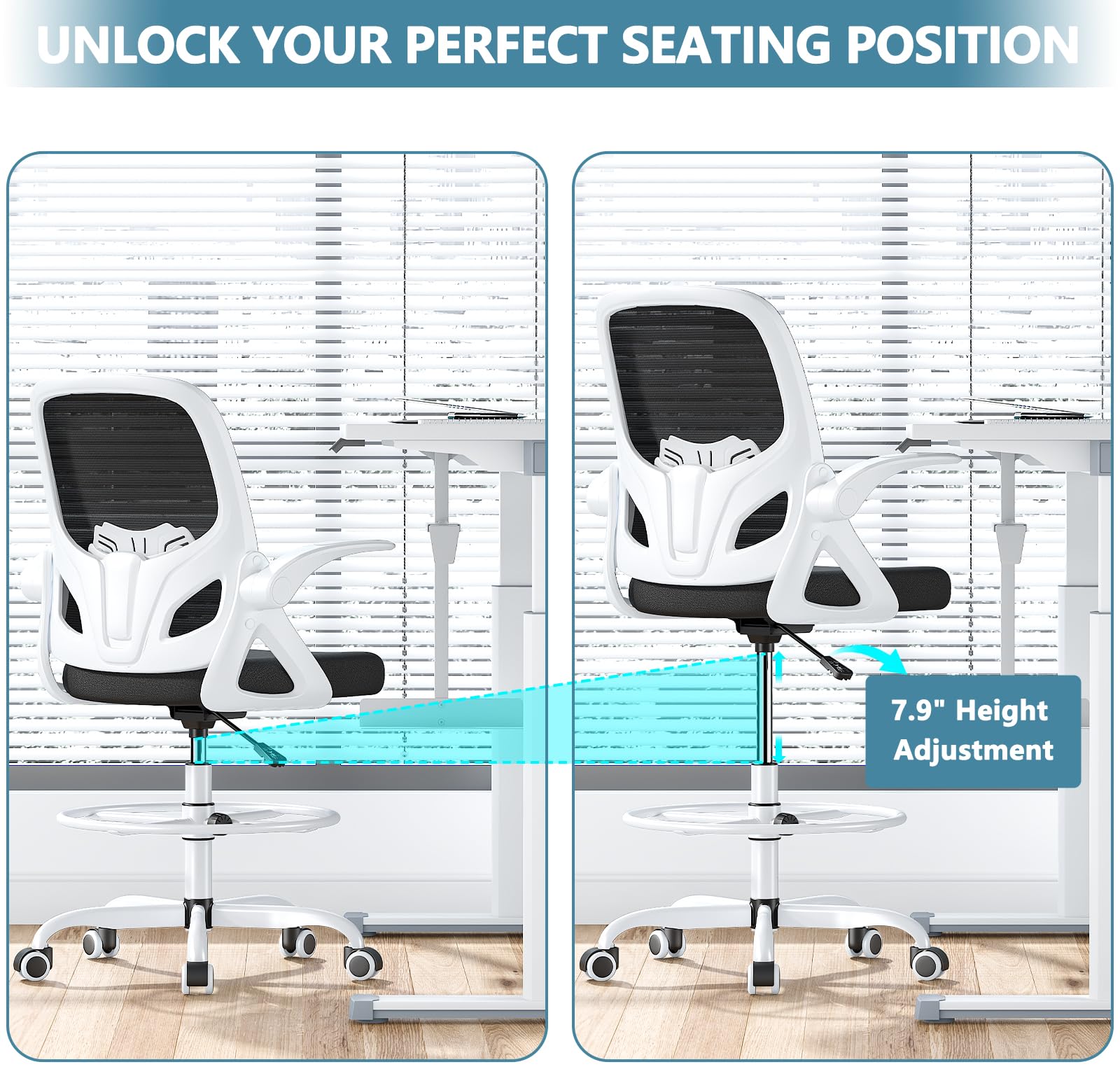 Ergonomic Tall Drafting Chair with Footrest Ring & Lumbar Support - Adjustable Height Office Chair with Flip-Up Arms for Home & Work (White) - Perfect for Architects, Artists, and Extended Computer Work Sessions