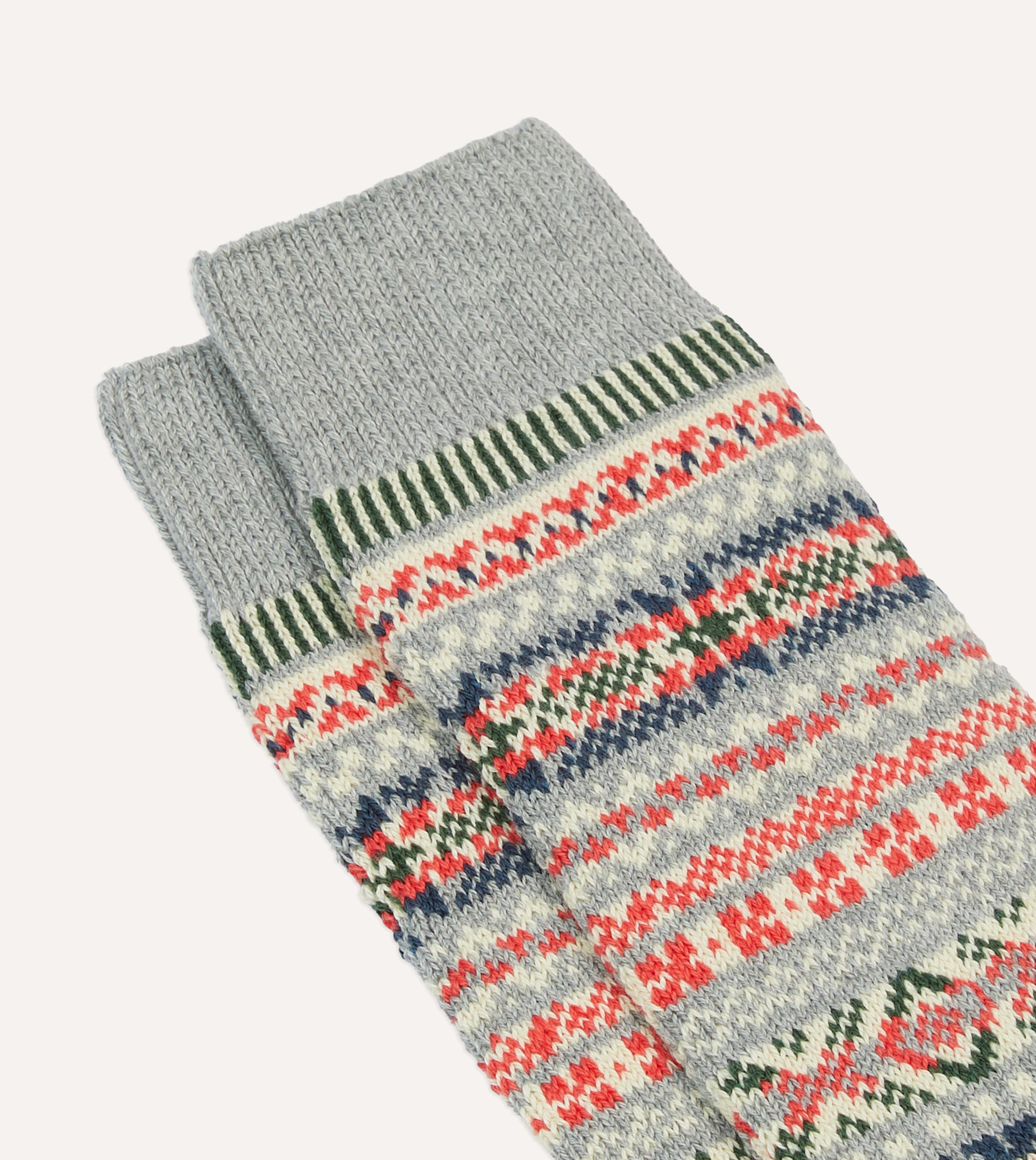RoToTo Grey Cotton Fair Isle Socks for Men & Women - Warm Winter Knit Socks with Nordic Pattern - Perfect for Hiking, Snow Boots and Cozy Home Wear