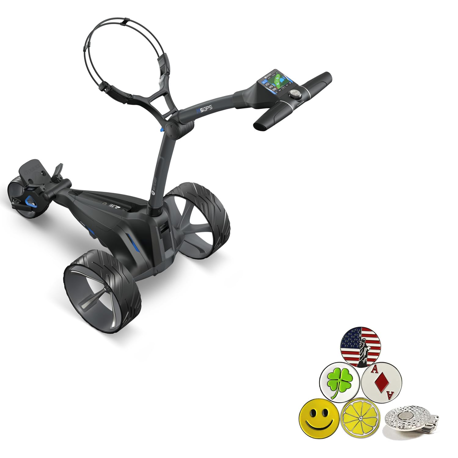 Motocaddy M5 GPS DHC Electric Golf Caddy Cart Bundle - Includes Umbrella Holder, Scorecard Holder, Drink Holder, Device Cradle, 5 Ball Markers & Magnetic Hat Clip - Perfect for Golf Courses & Tournaments
