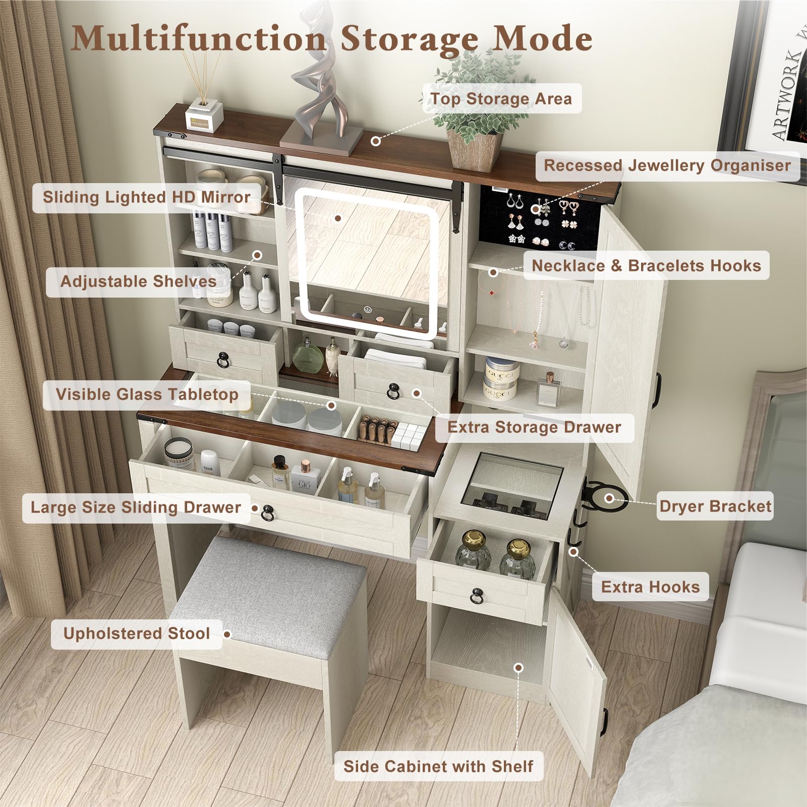 Farmhouse Makeup Vanity Desk with Sliding Mirror & LED Lights - 42
