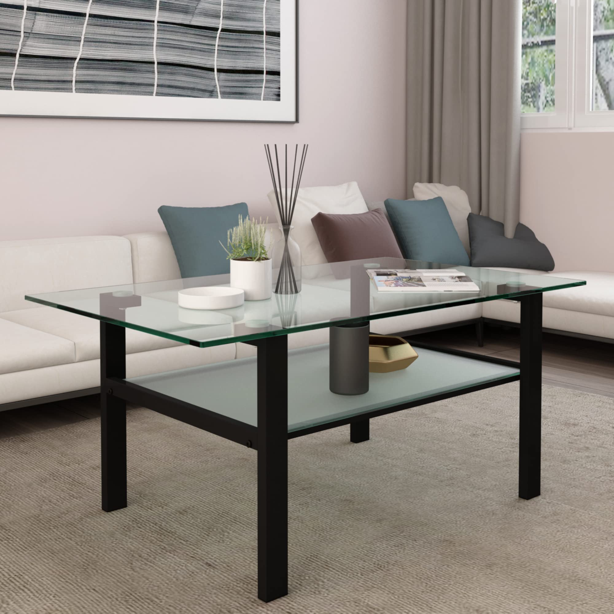 Modern Square Glass Coffee Table with Storage & Metal Legs - Black Rectangle Design for Living Room | Stylish & Functional Centerpiece for Small Spaces, Apartments & Home Decor