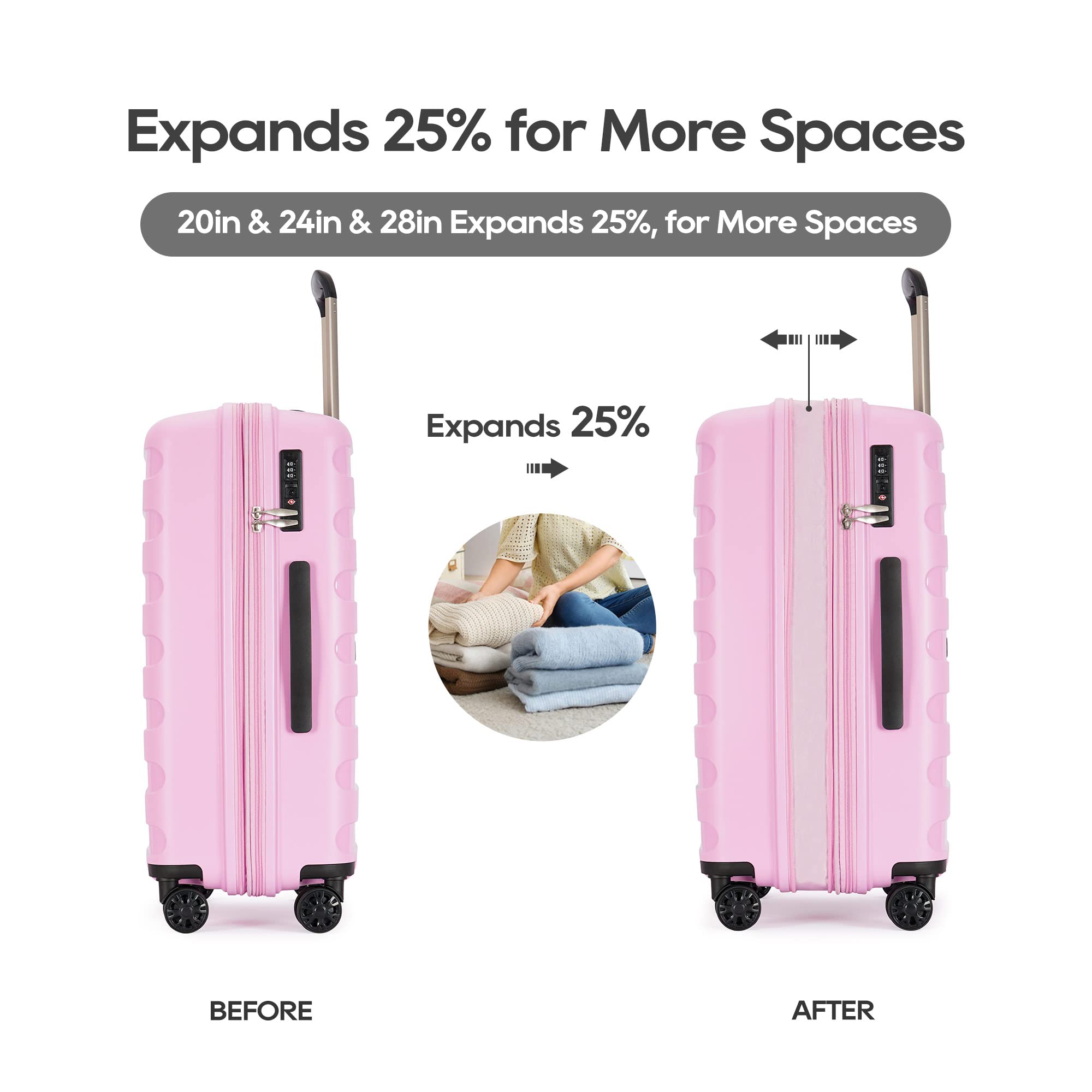 Expandable 3-Piece Luggage Set with Spinner Wheels & TSA Lock - Light Pink PP Material Suitcases (20/24/28 Inch) for Family Travel, Airplane Carry-On & Vacation Packing
