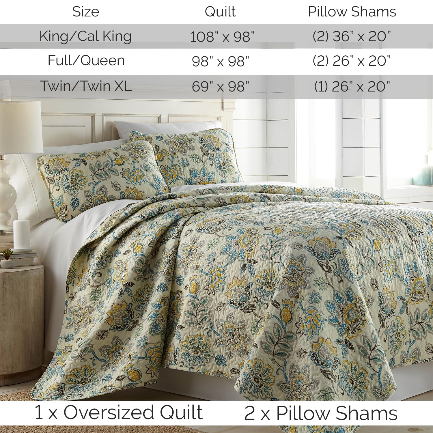 Southshore Fine Living Floral Paisley Quilt Set - 3-Piece Boho Bedspread with Pillow Shams, Full/Queen Size Cream Summer Coverlet | Perfect for Bohemian Bedroom Decor & Guest Room Styling