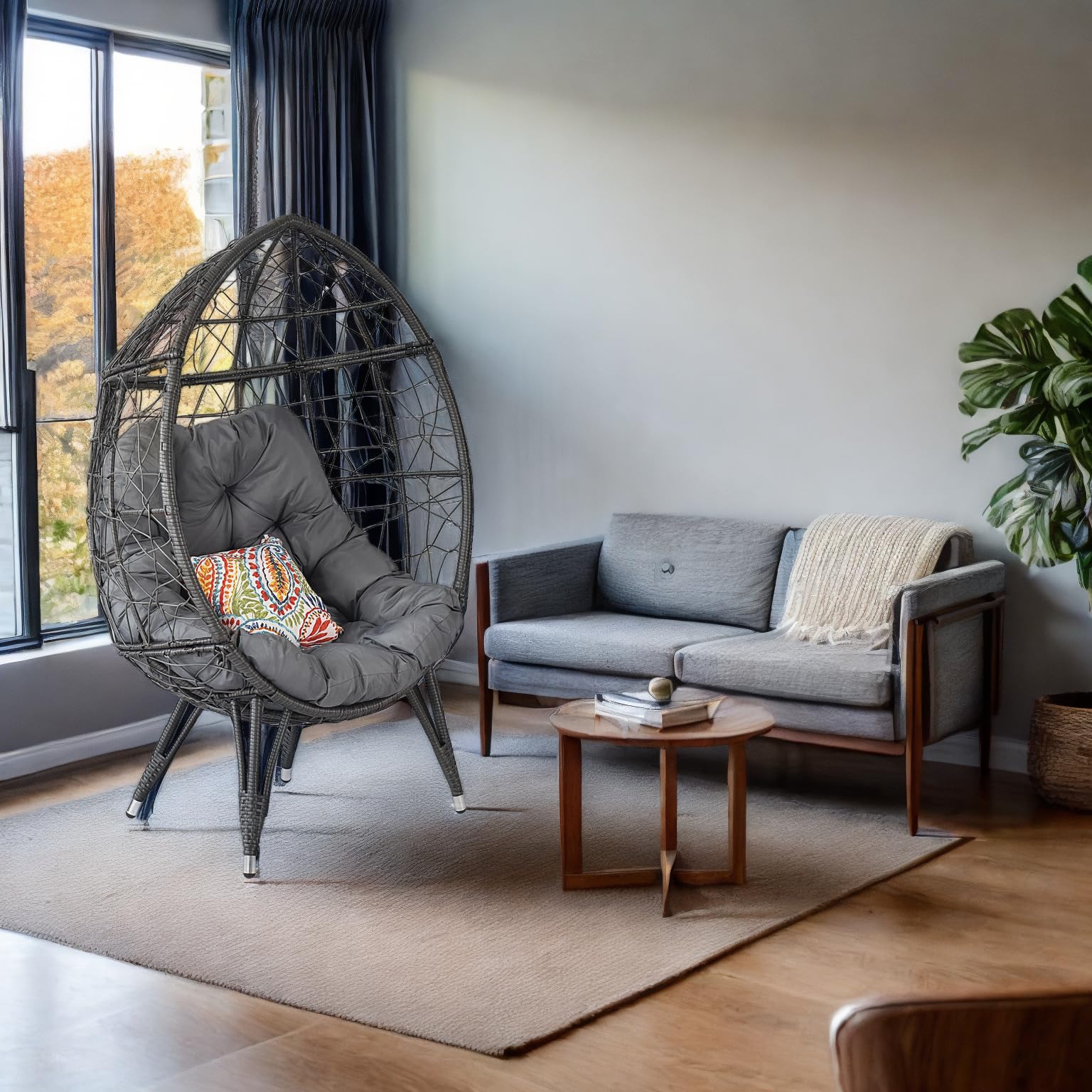 Oversized Wicker Egg Chair with Stand - 410 lbs Capacity Indoor/Outdoor Rattan Hanging Chair for Patio, Backyard, Balcony & Bedroom - Includes 4'' Cushion (Gray) - Perfect for Relaxing, Reading & Lounging