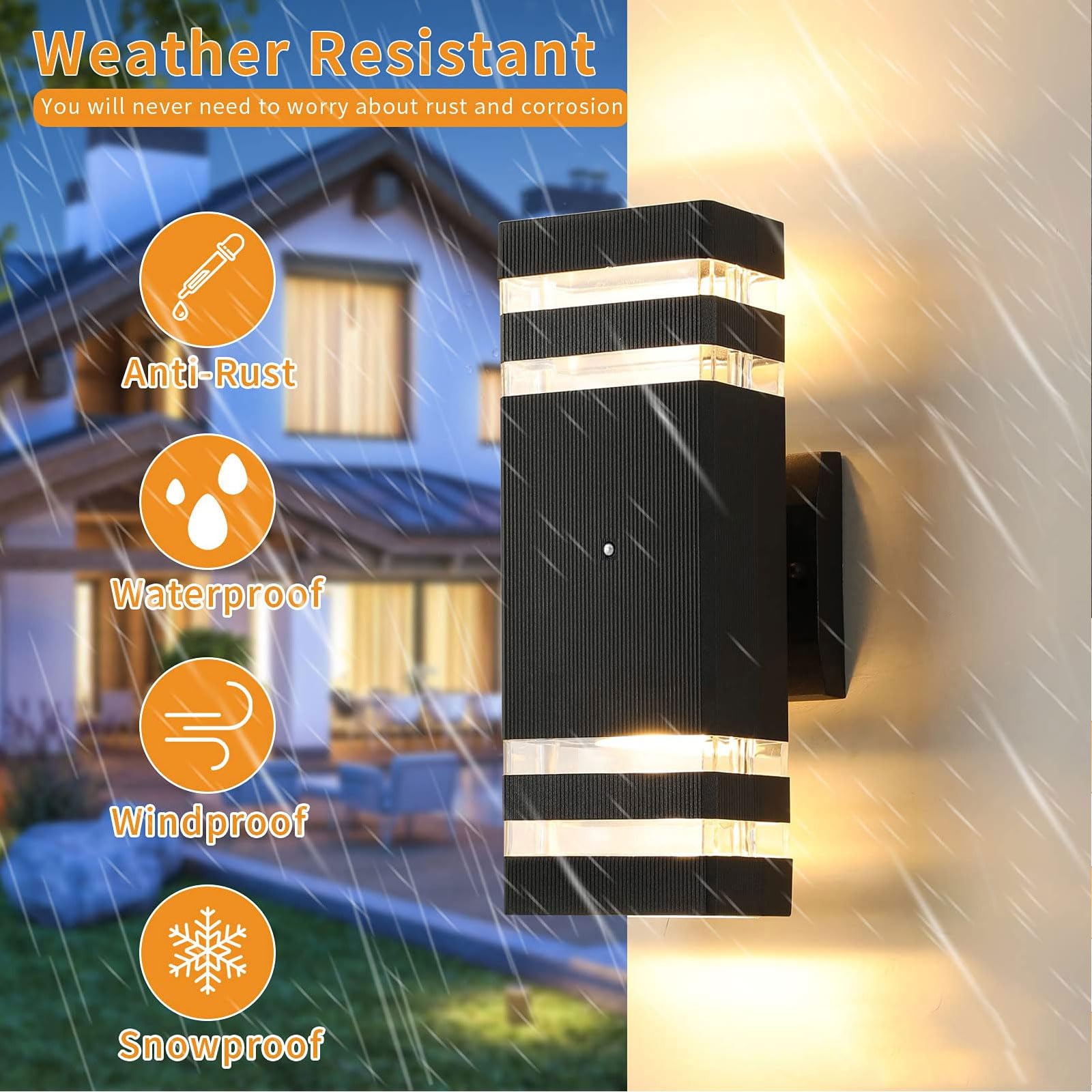 4 Pack Dusk to Dawn Outdoor Wall Lights - Modern Black Exterior Light Fixture, 2-Layer Waterproof IP65 Up Down Wall Sconces for Garage, Porch, House (3000K Warm White) - Perfect for Entryway, Patio, Garden & Driveway Lighting