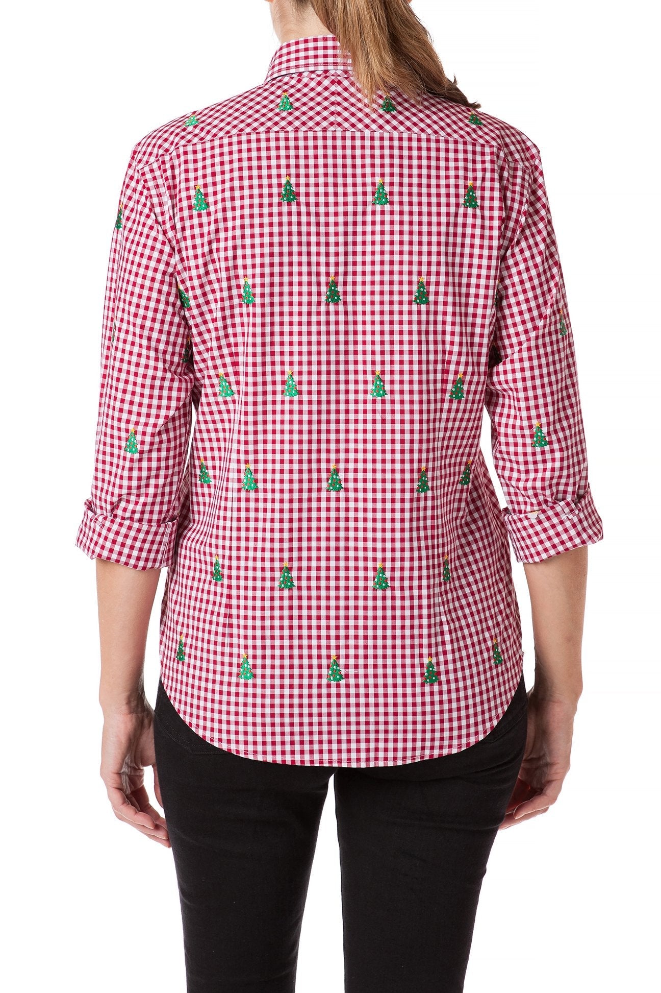 Women's Red Gingham Button Down Shirt with Christmas Tree Print - Casual Holiday Office Wear & Christmas Party Outfit