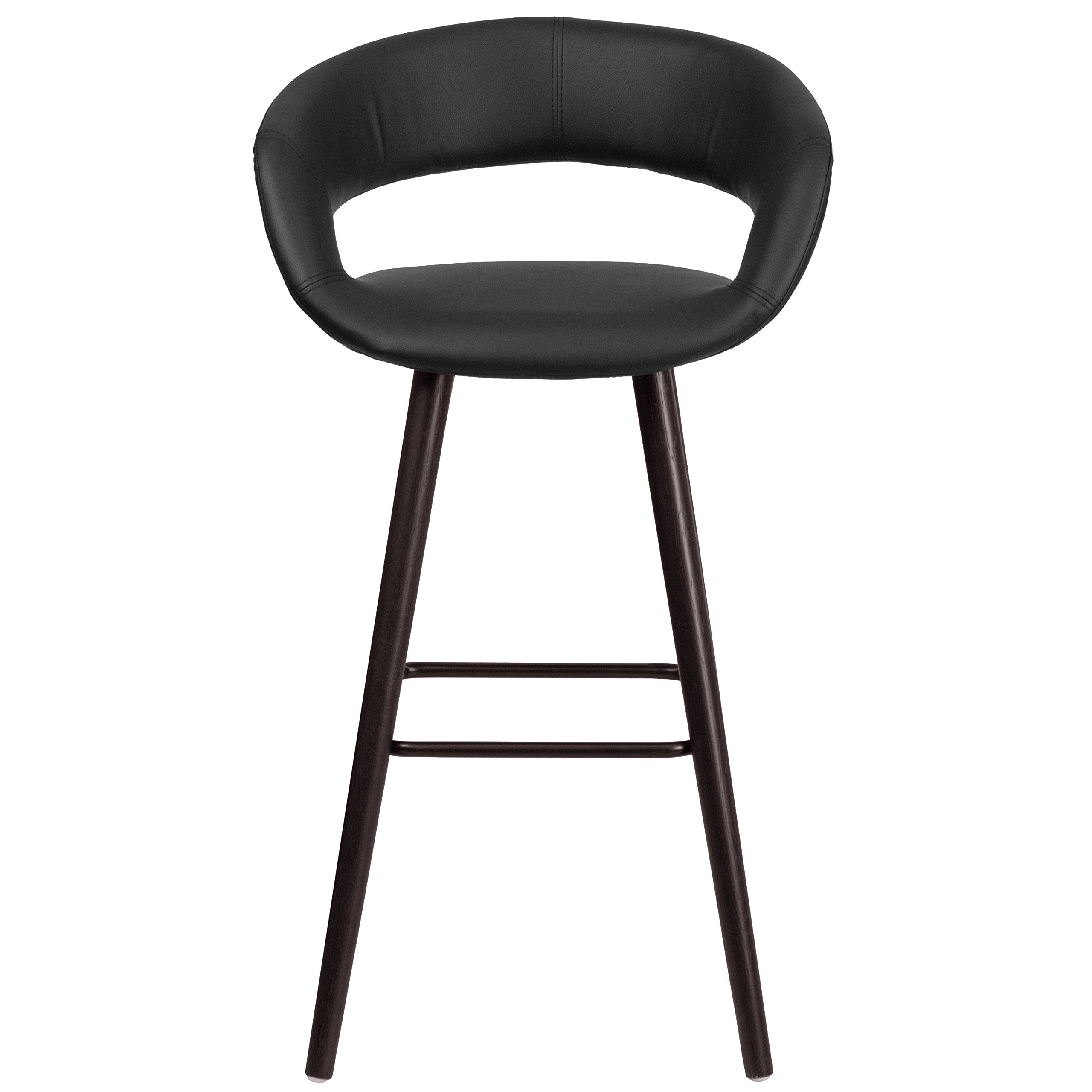 EMMA + OLIVER 29 Inch H Cappuccino Wood Rounded Open Back Bar Stool with Black Vinyl Upholstery - Perfect for Kitchen Islands, Breakfast Bars & Home Decor