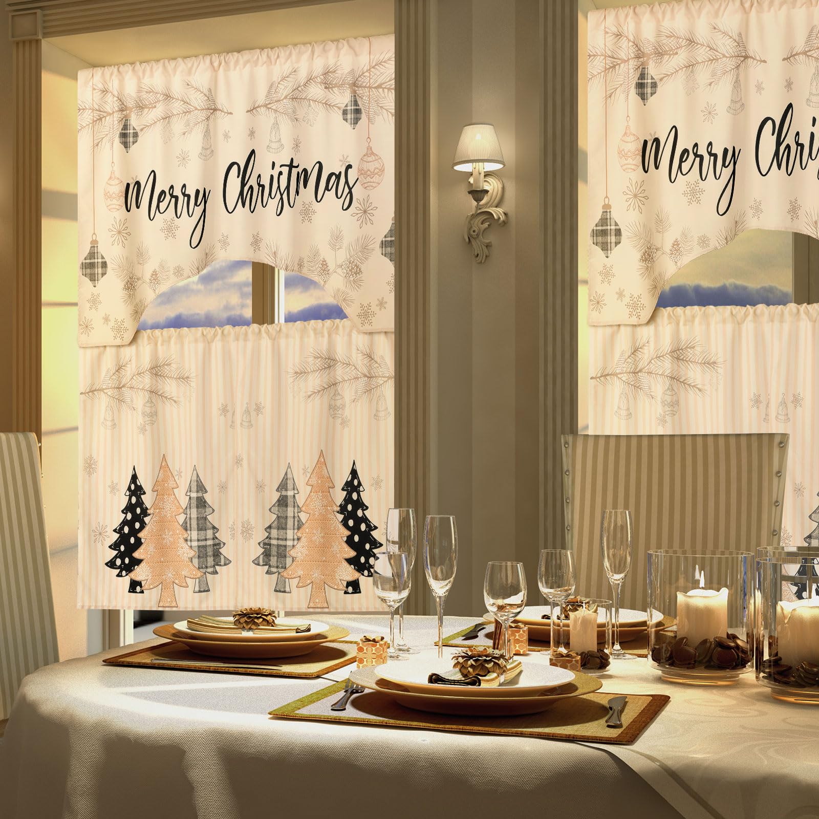 Ganeen 3-Piece Christmas Kitchen Curtain Set - Buffalo Plaid Black & White Polyester Window Tier Curtains with Valance - Farmhouse Holiday Decor for Kitchen Windows, Dining Room, and Christmas Party Decoration