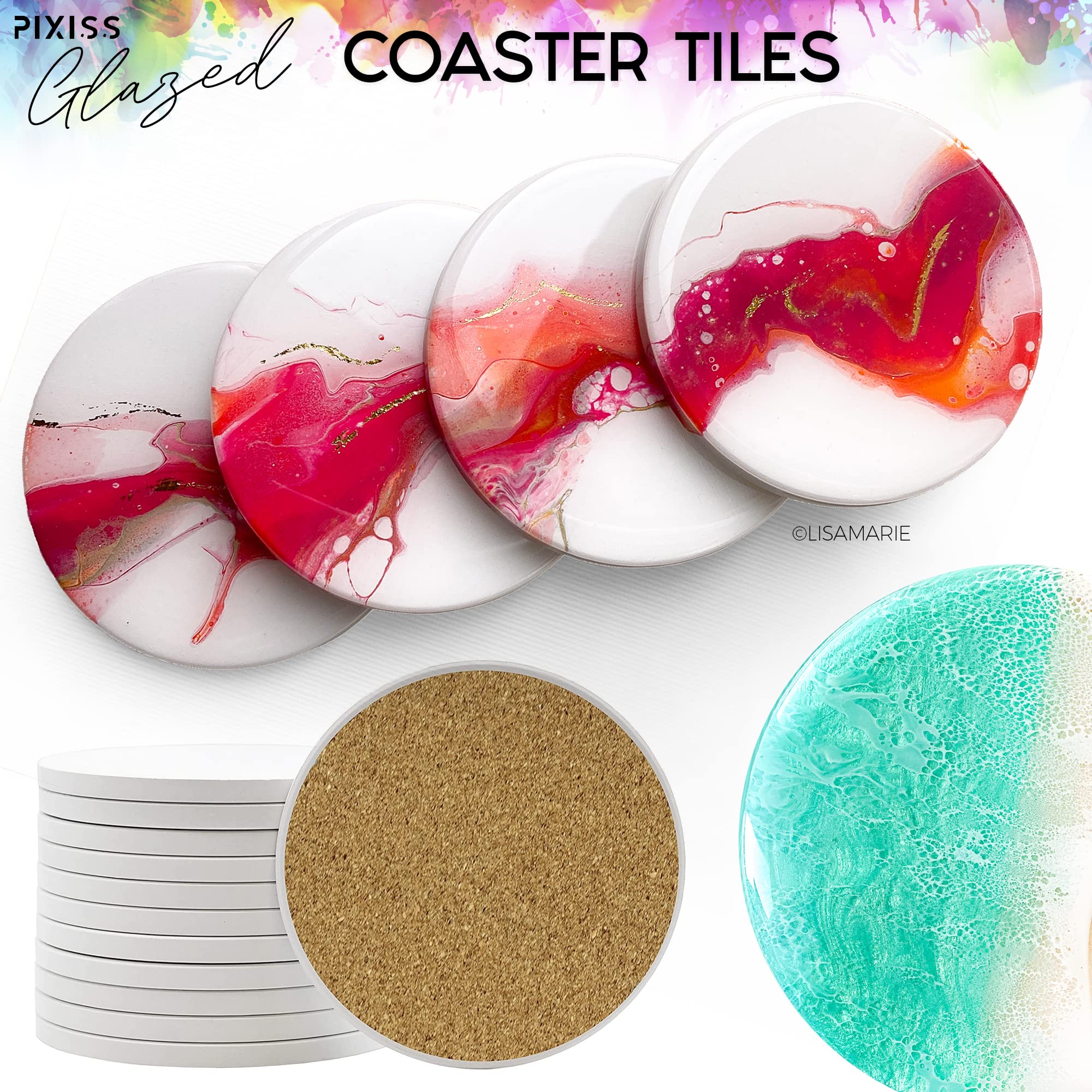 Pixiss 100-Pack 4x4 Inch Glazed Ceramic Coasters with Cork Backings - DIY Blank Square Tiles for Alcohol Ink, Acrylic Pouring & Painting - Perfect for Home Decor, Craft Projects & Party Supplies