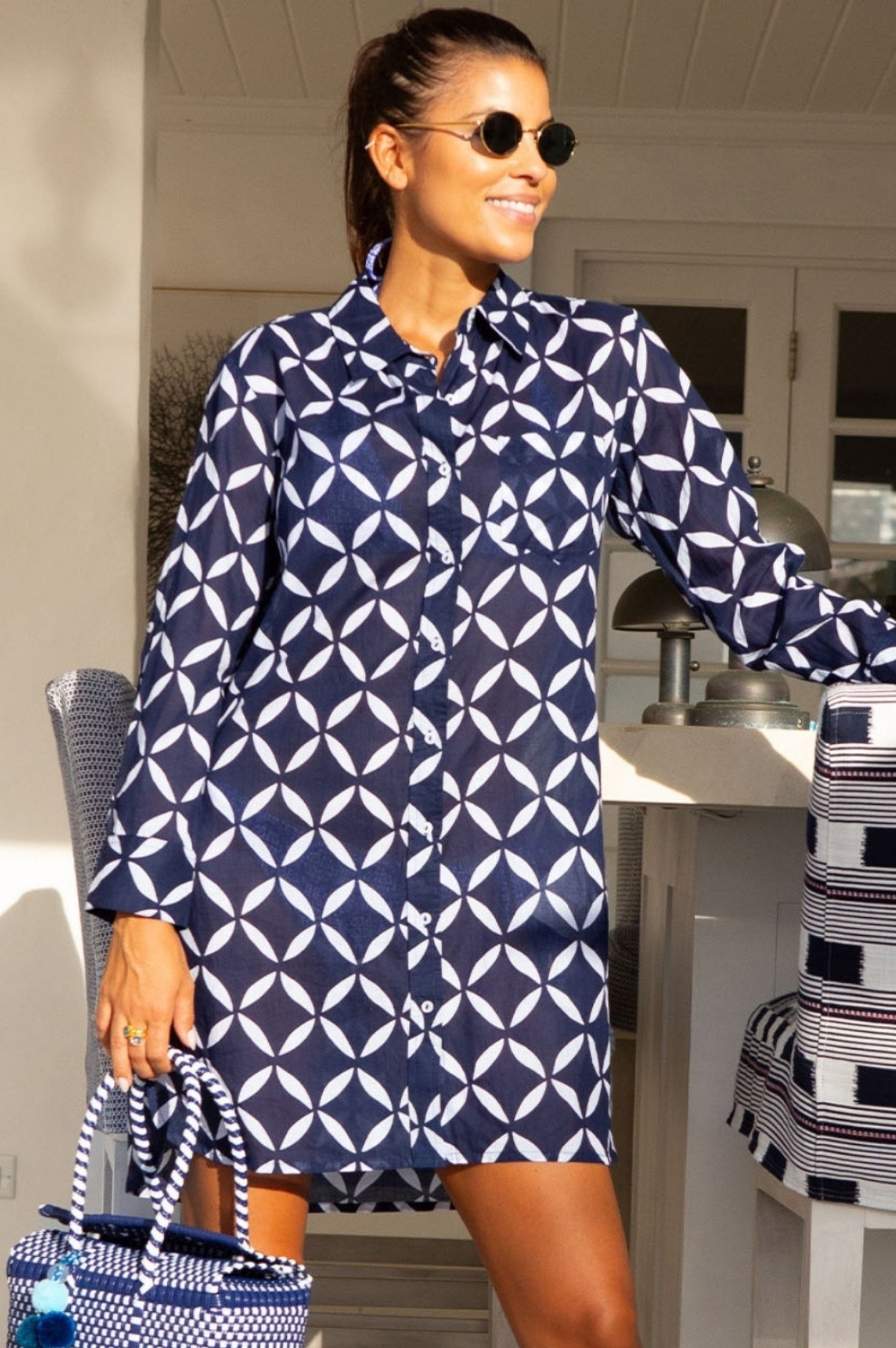 Organic Saffron Cotton Beach Shirt for Men - Handmade Shibori Dyed Navy & White Striped Resort Wear - Perfect for Vacation, Summer Outings & Tropical Getaways