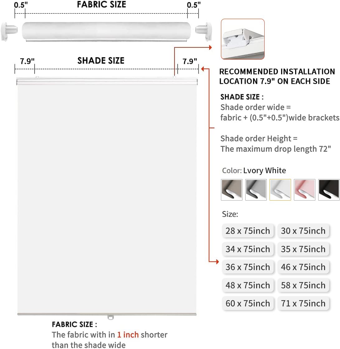 Joydeco 71 Inch Extra Wide Cordless Blackout Window Shades - White Fabric Roller Blinds for Light Blocking & Sun Protection - Indoor Outdoor Use for Patio, Office, Bedroom (71x75 Inches)