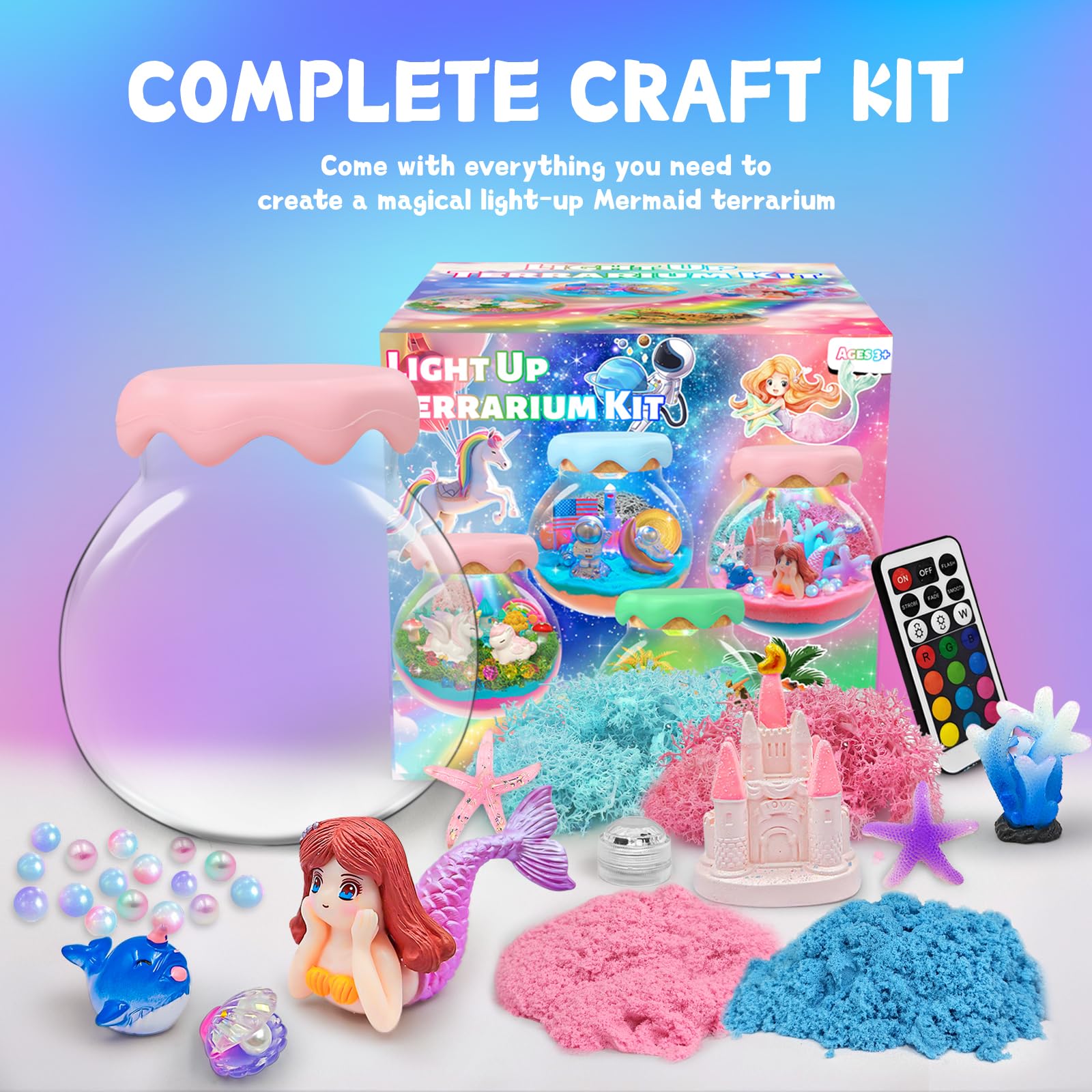 ADLKGG DIY Mermaid Terrarium Kit for Kids Ages 8-12 - Creative Ocean Night Light Craft Set, Educational STEM Toys for Girls - Perfect for Birthday Gifts, Room Decor & Sensory Play Activities