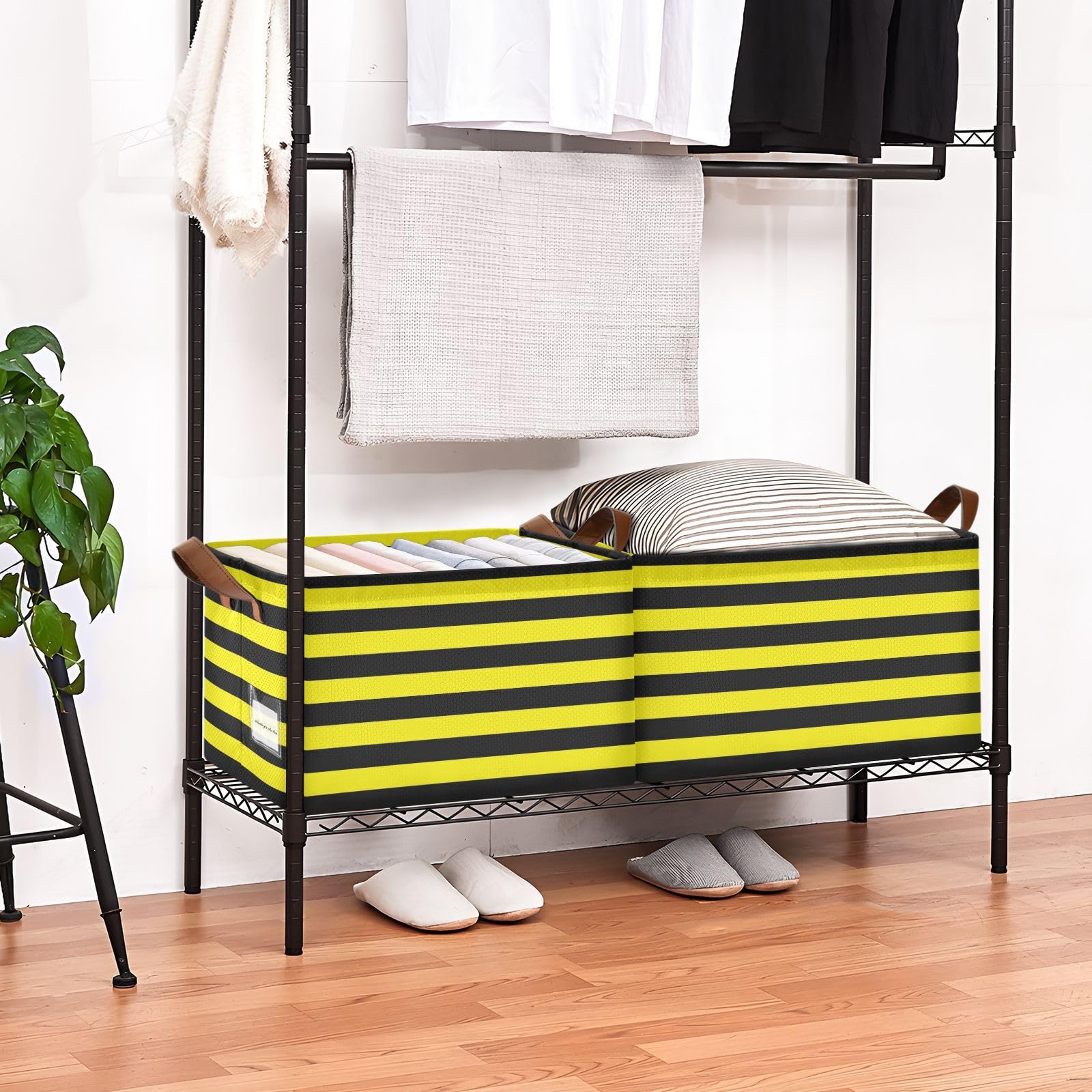 Yellow and Black Stripe Fabric Storage Baskets with Handles - 2 Pack Large Decorative Cube Bins for Closet, Shelf, Dresser Organization | Perfect for Bedroom, Nursery, and Living Room Storage Solutions