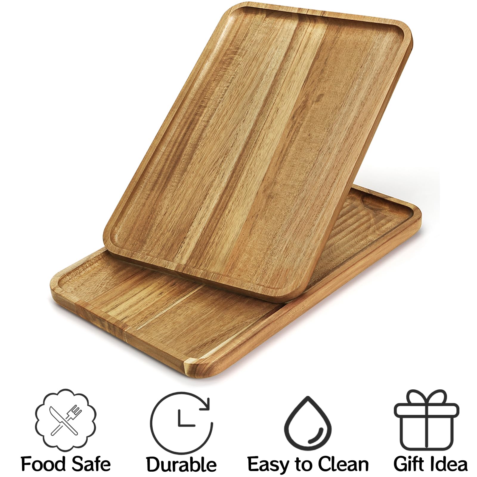 YOUEON Set of 2 Acacia Wood Serving Trays with Raised Edge - 14.2 x 9.5 Inch Rectangular Wooden Plates for Appetizers, Cheese, Sandwiches, Desserts, Coffee, Fruits & Cookies - Perfect for Entertaining, Kitchen Serving, Party Snacks & Coffee Table Decor
