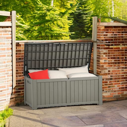 YITAHOME 120 Gallon Outdoor Storage Deck Box - Large Waterproof Resin Patio Storage for Pillows, Garden Tools, Pool Supplies - Lockable Deck Box for Backyard, Patio, and Poolside (Light Brown) - Perfect for Organizing Outdoor Cushions, Toys, and Equipment