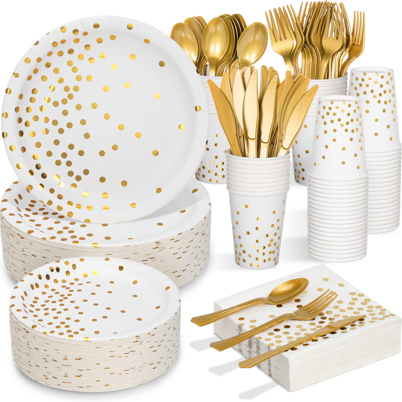 350PCS White & Gold Disposable Dinnerware Set - Paper Plates, Napkins, Cups, Plastic Forks, Knives & Spoons - Elegant Party Supplies for Birthday, Christmas, Retirement & New Year's Eve 2025 Decorations - Perfect for Women & Men's Celebrations, Dinner Parties & Special Events