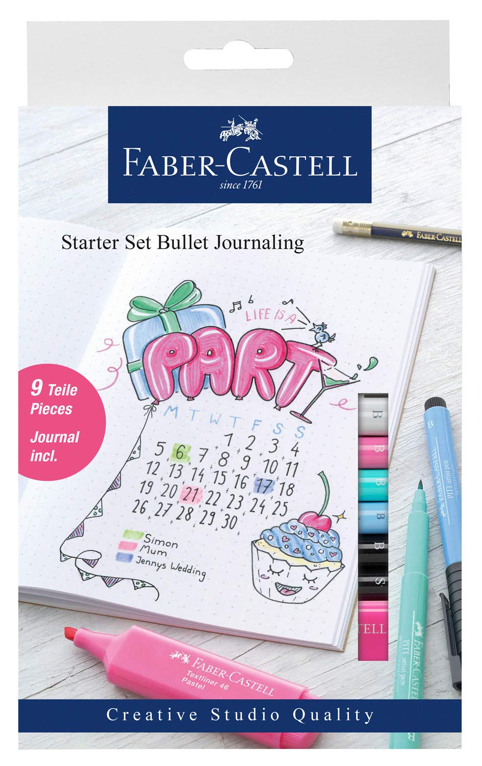 Faber-Castell Bullet Journaling Kit - 9-Piece No-Bleed Planner Pens & Highlighter with Dot Grid Journal | Perfect for Creative Journaling, Planning & Scrapbooking