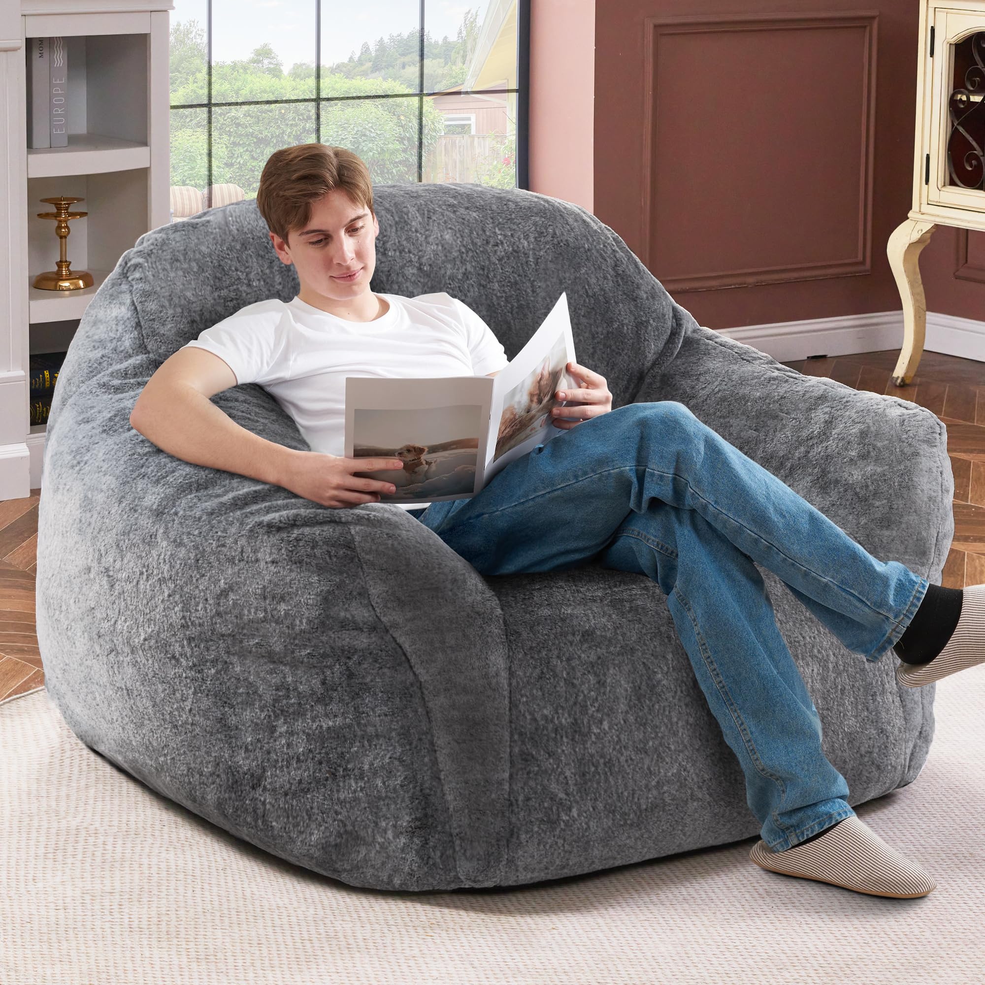 Homguava Oversized Bean Bag Chair for Adults - Spacious Comfy Beanbag Sofa with Armrest & Filler, Giant Lounger for Living Room, Bedroom, Game Room & Home Theater (Grey) - Perfect for Relaxing, Gaming & Movie Nights