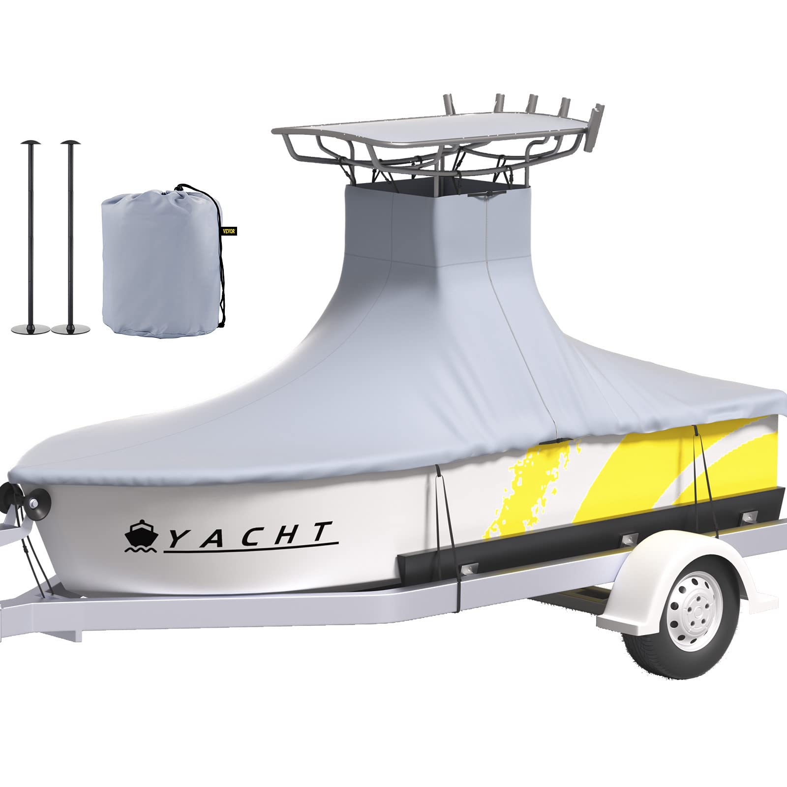 VEVOR Heavy Duty 600D Marine Grade Oxford Boat Cover for 18.5'-20' Center Console Boats - UV Resistant Waterproof T-Top Cover with 2 Support Poles & 5 Windproof Straps (Gray) - Perfect for Saltwater Fishing, Boating, and Marine Protection