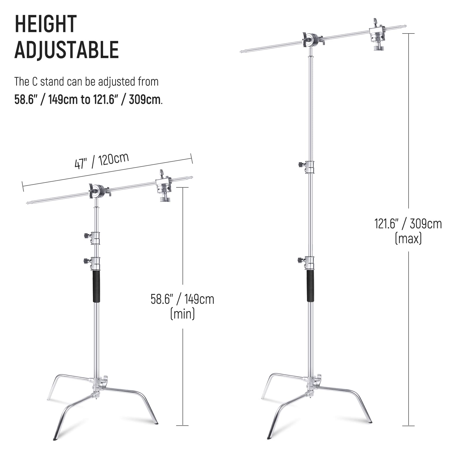 NEEWER Professional 10.13ft Stainless Steel C Stand with Boom Arm & Sliding Legs - Heavy Duty Photography Light Stand for Umbrellas, Reflectors, Softboxes, Monolights - Perfect for Studio, Portrait, and Video Shooting
