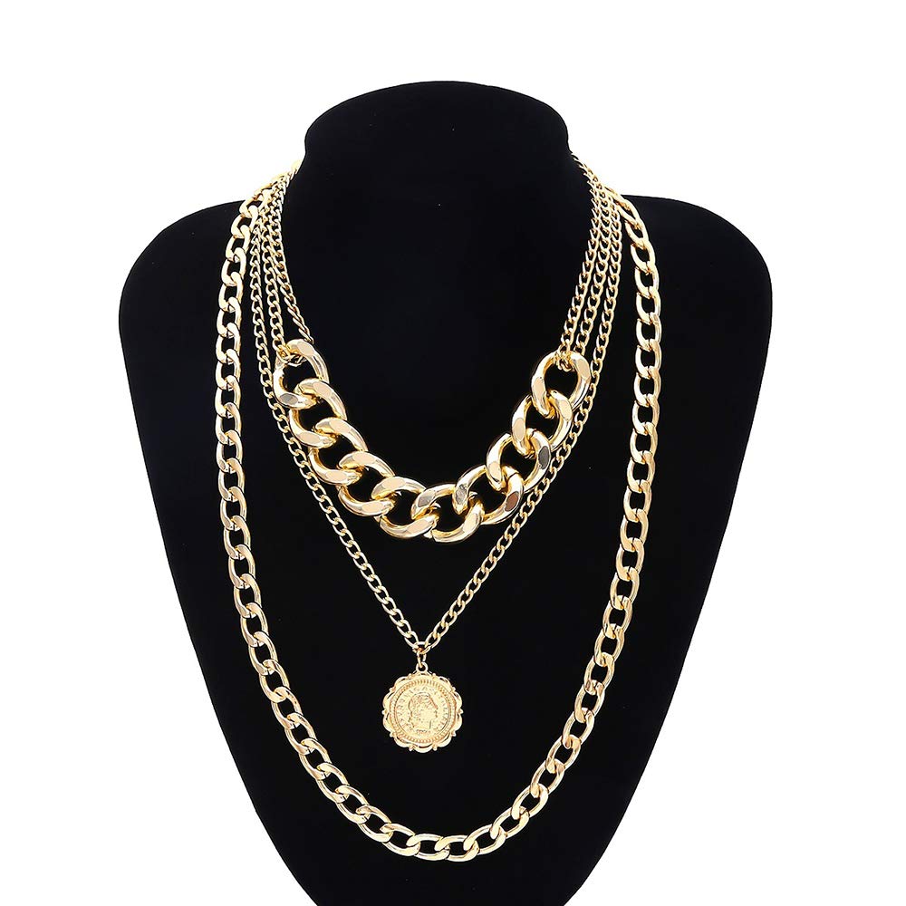 Daimay Chunky Alloy Choker Necklace for Women & Men - Multilayer Gothic Punk Chain with Portrait Pendant - Gold Sweater Chain for Casual Wear, Parties & Gothic Fashion