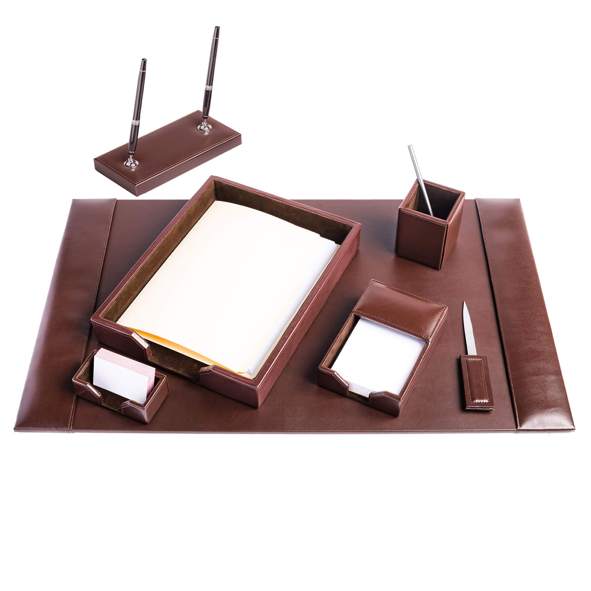Premium 7-Piece Dark Brown Leather Desk Pad Set with Organizer - Luxurious Bonded Leather Office Desk Mat & Essential Accessories for Home & Office Workspace