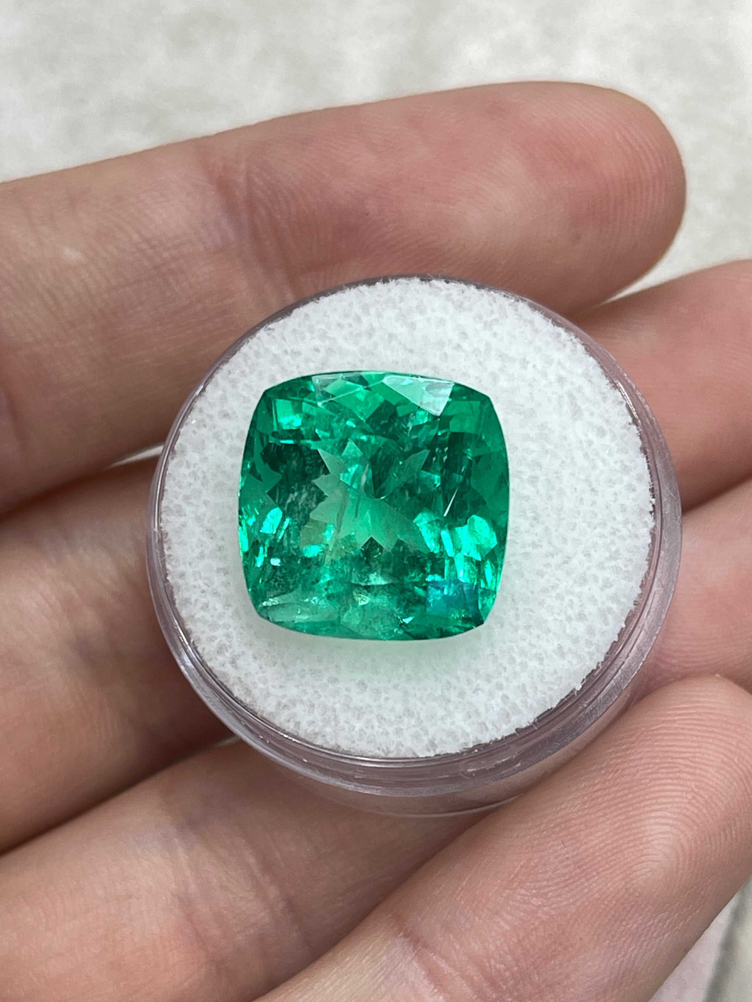 13.88 Carat 14x14mm Bluish Green Cushion Cut Loose Colombian Emerald - Ethically Mined Natural Gemstone for Jewelry Making, Engagement Rings & Luxury Gifts