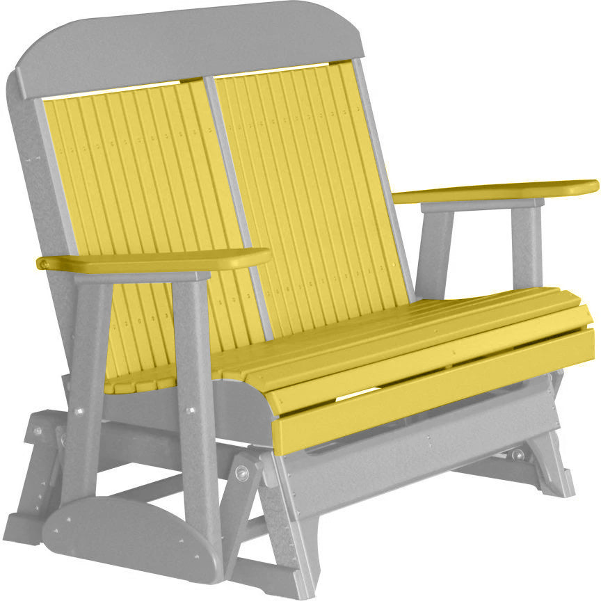 LuxCraft 4FT Yellow Recycled Plastic Highback Outdoor Glider Bench with Cup Holder - Durable Patio Furniture for Garden, Porch & Backyard Relaxation
