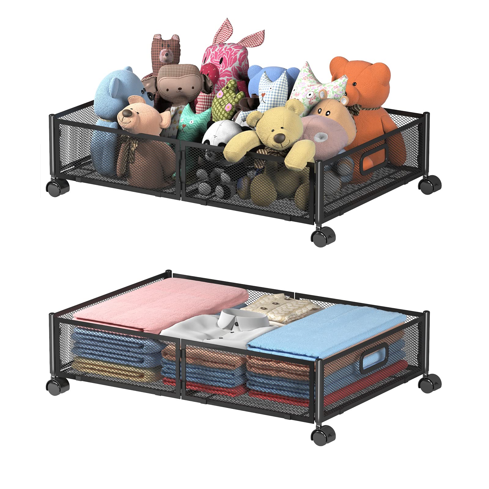 Under Bed Storage Containers with Wheels - Foldable Shoe & Clothes Organizer Drawers for Bedroom - 2 Pack Black Storage Bins for Blankets, Shoes & Bedding - Perfect for Small Spaces & Closet Organization