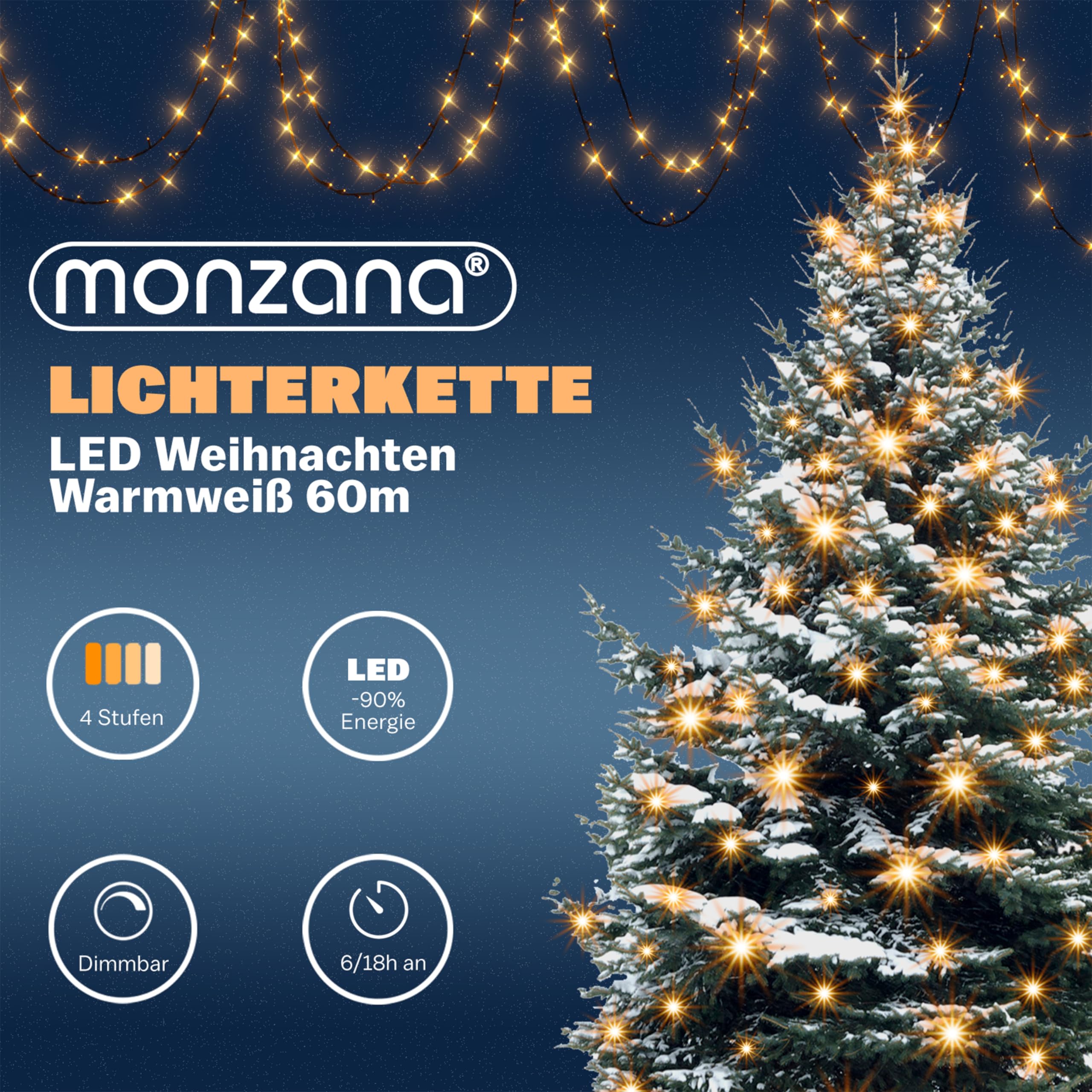 MONZANA® 600 LED String Lights 60m with Remote Control & Timer - 8 Modes, Dimmable, IP44 Waterproof for Indoor/Outdoor Use - Christmas Lights, Party Decor, Garden, Patio, Wedding Warm White Lighting